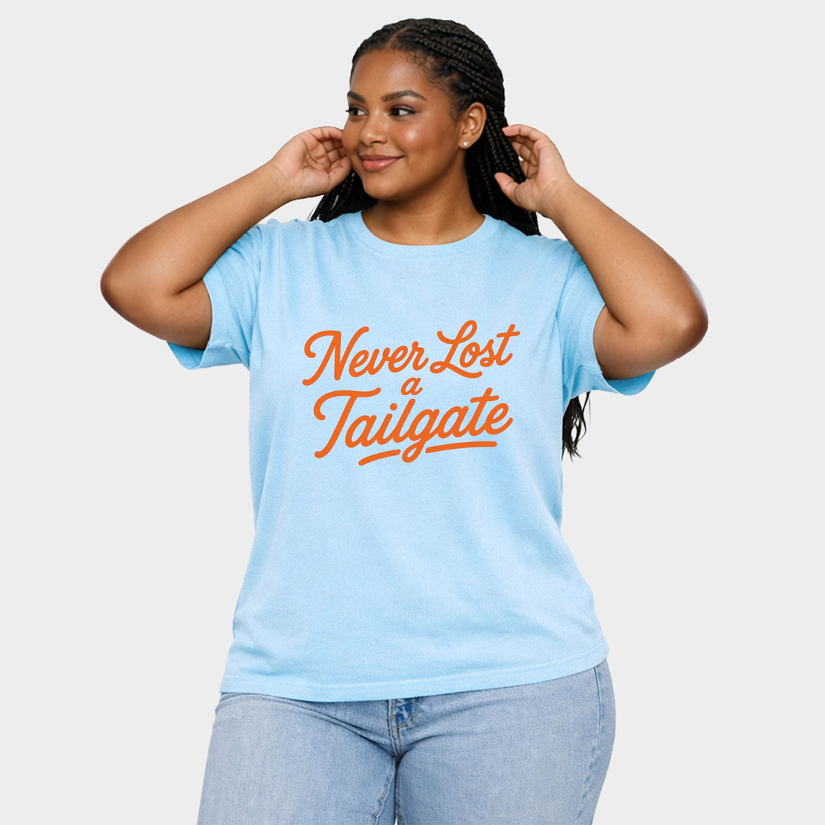 Never Lost a Tailgate - Women's Plus Sized Garment Dyed Graphic T-Shirt