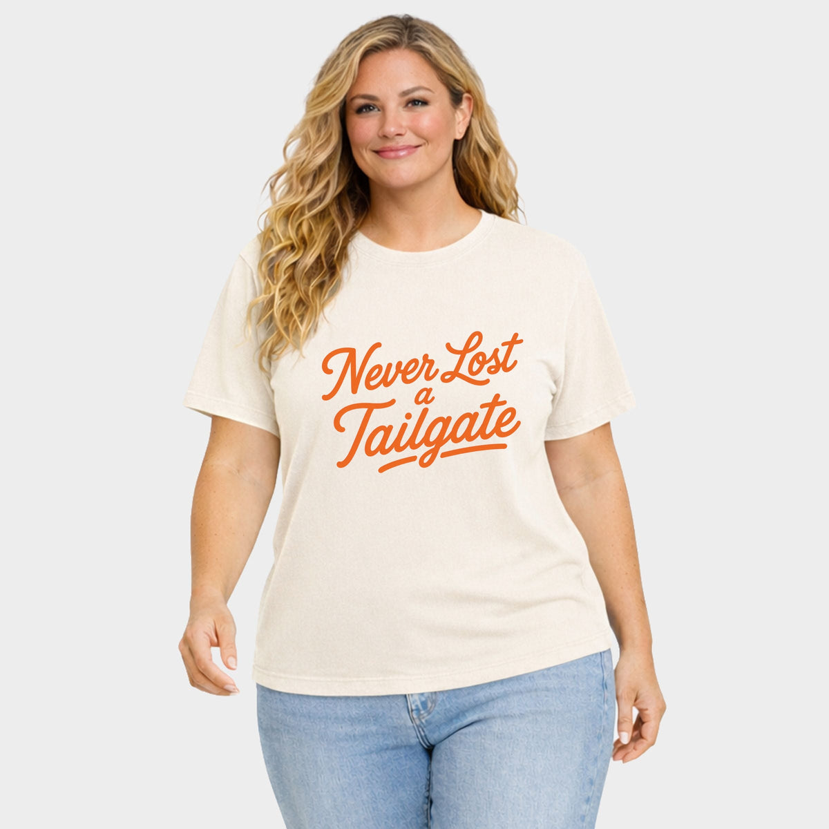 Never Lost a Tailgate - Women's Plus Sized Garment Dyed Graphic T-Shirt