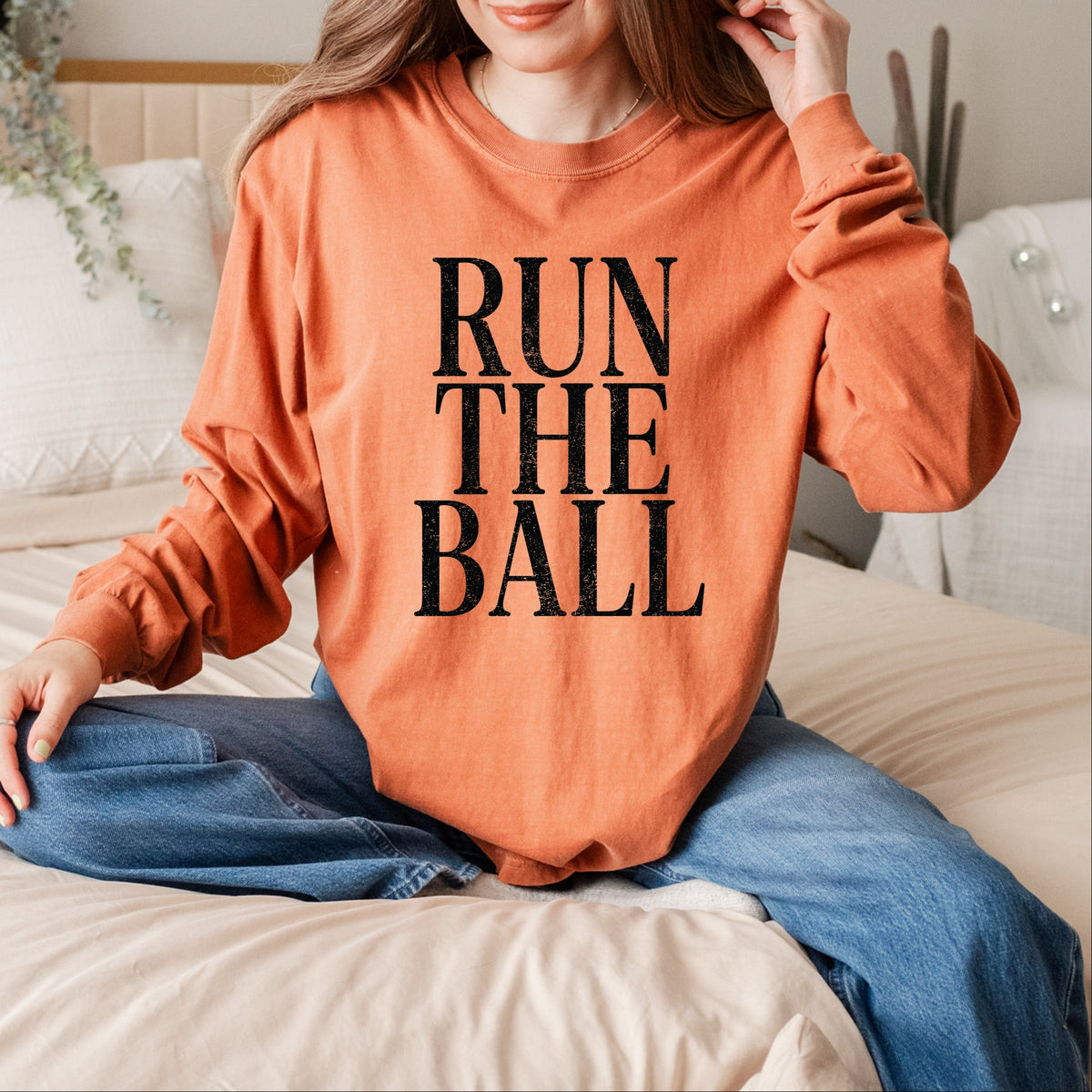 Run The Ball Tall - Women's Garment Dyed Long Sleeve Graphic T-Shirt