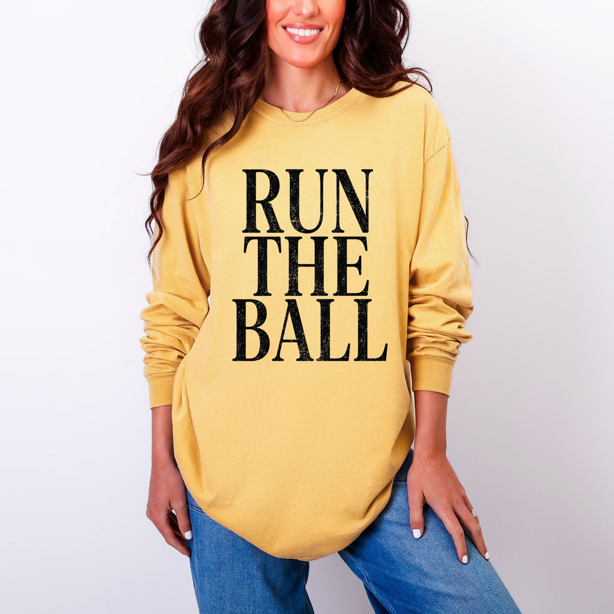 Run The Ball Tall - Women's Garment Dyed Long Sleeve Graphic T-Shirt