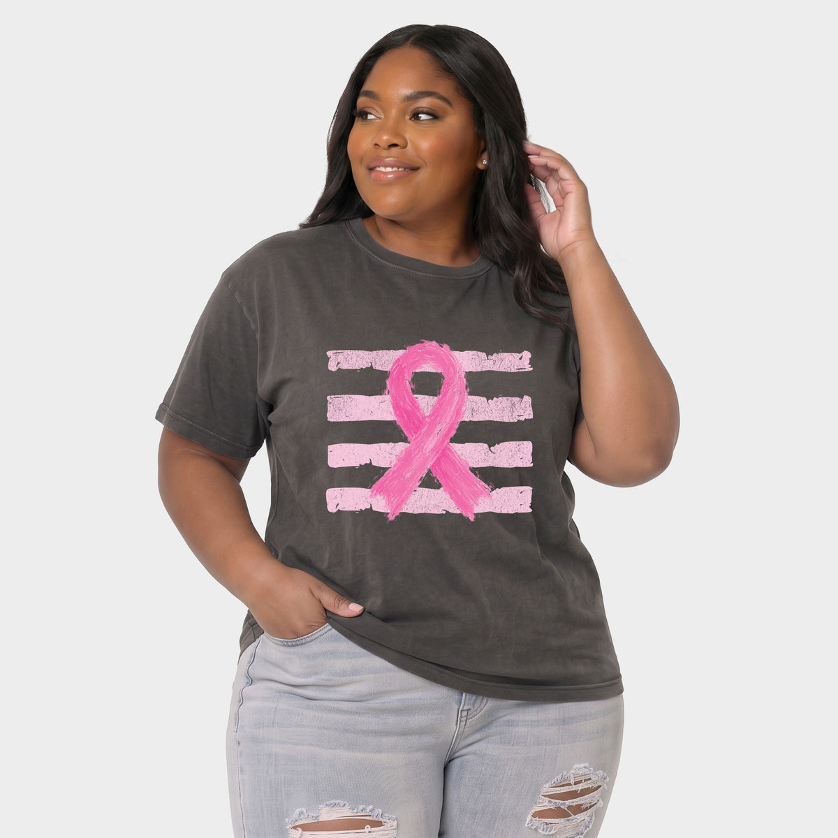 Breast Cancer Ribbon - Women's Plus Sized Garment Dyed Graphic T-Shirt