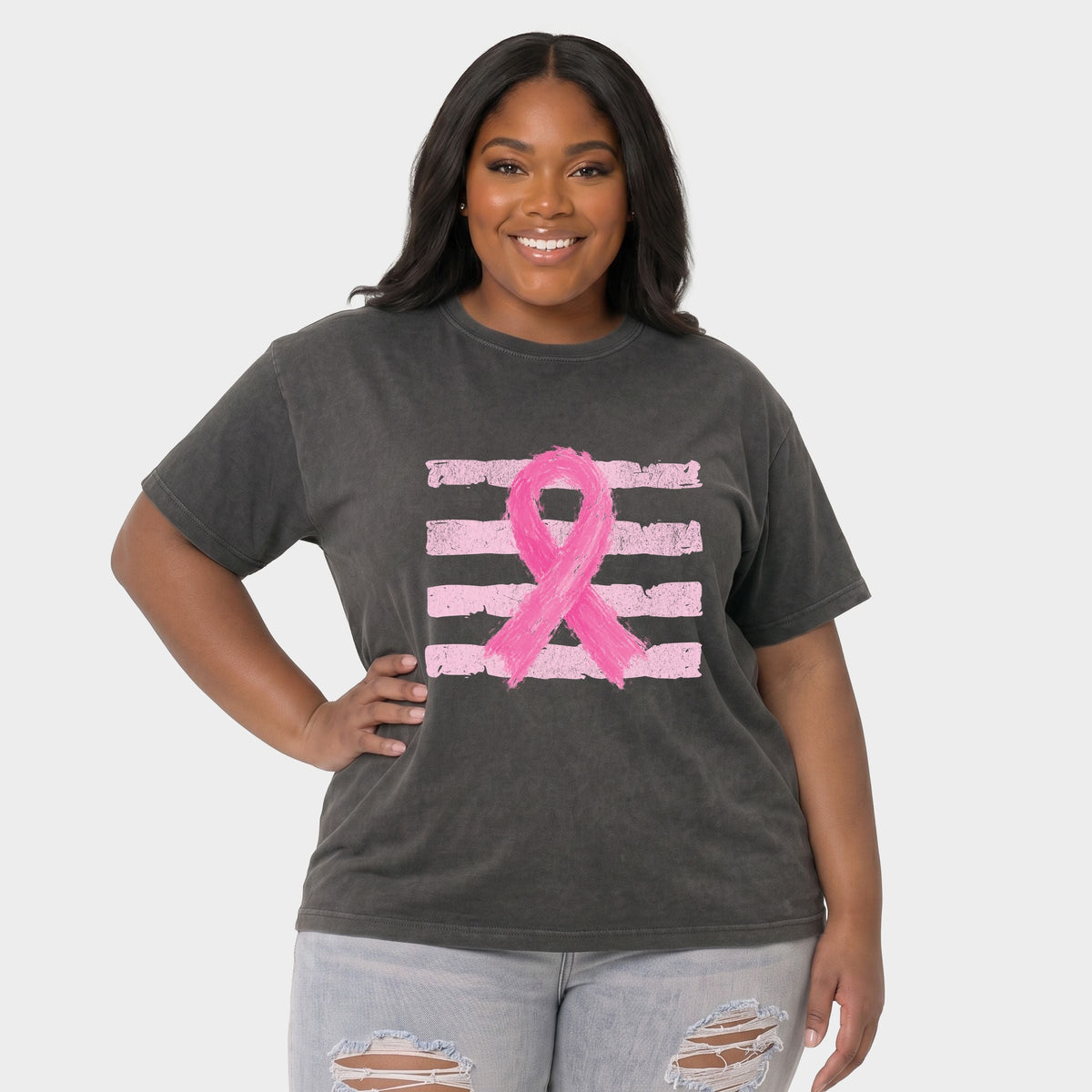 Breast Cancer Ribbon - Women's Plus Sized Garment Dyed Graphic T-Shirt