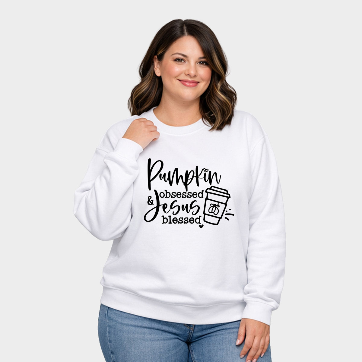 Pumpkin Obsessed Jesus Blessed - Women's Plus Sized Graphic Sweatshirt