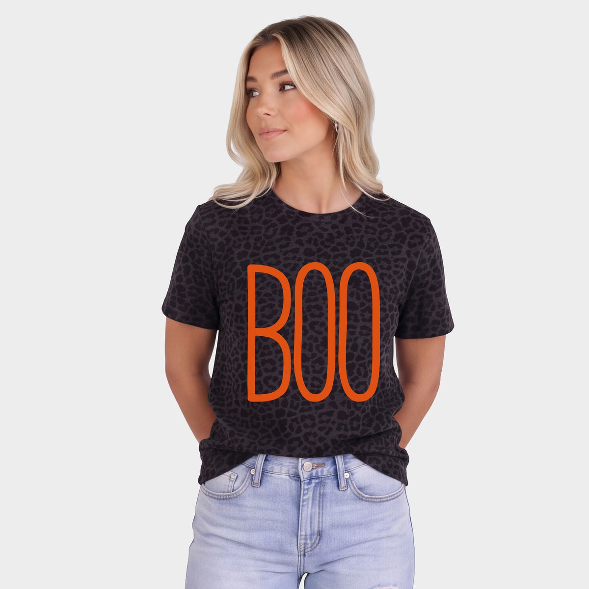 Boo Word Puff Print - Women's Leopard Print Tee