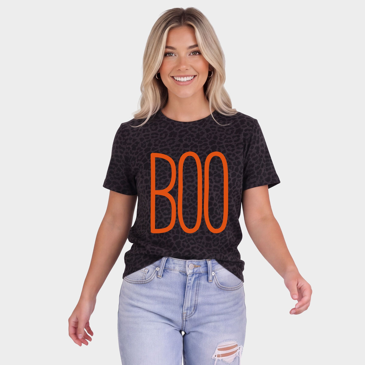 Boo Word Puff Print - Women's Leopard Print Tee
