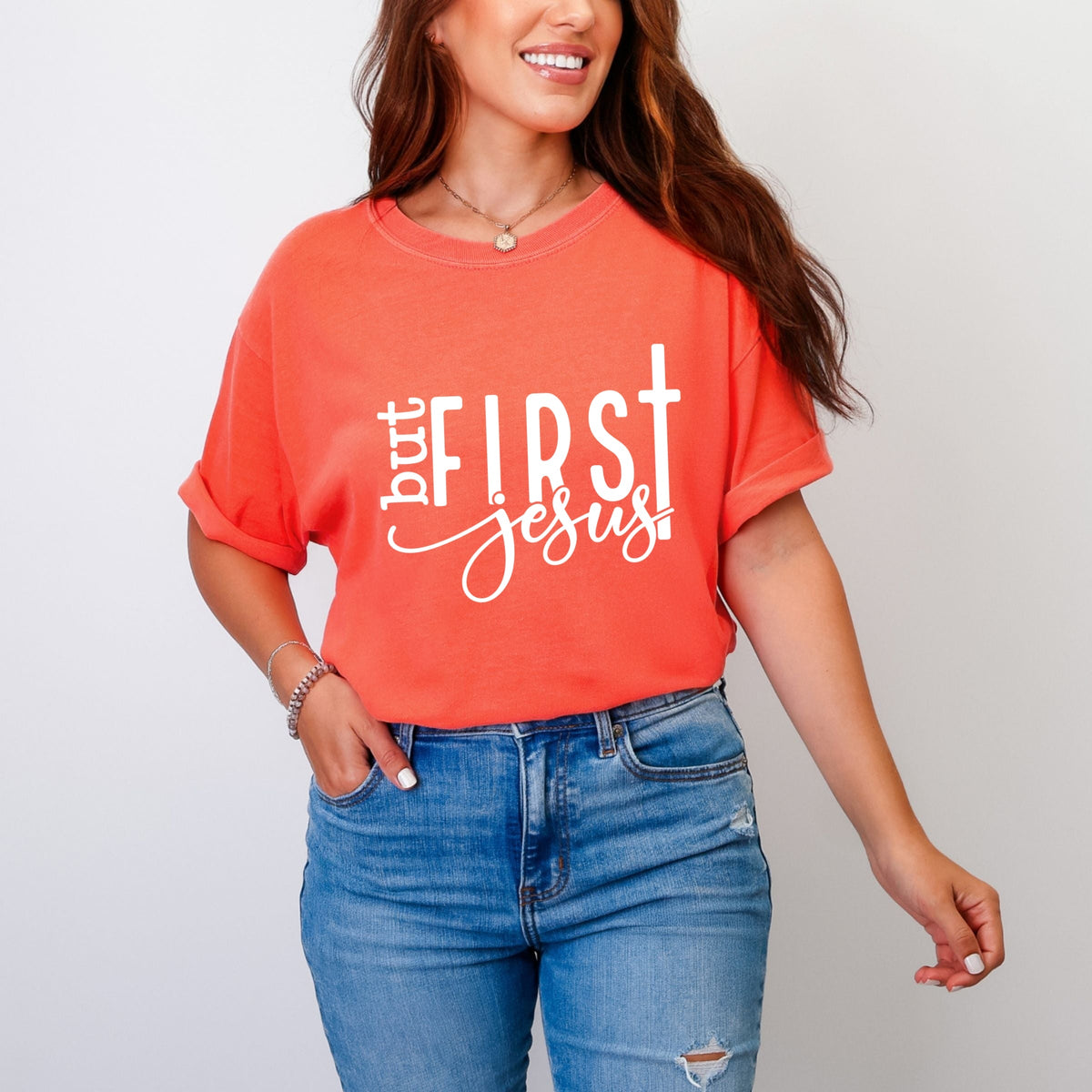 But First Jesus - Women's Garment Dyed Graphic T-Shirt