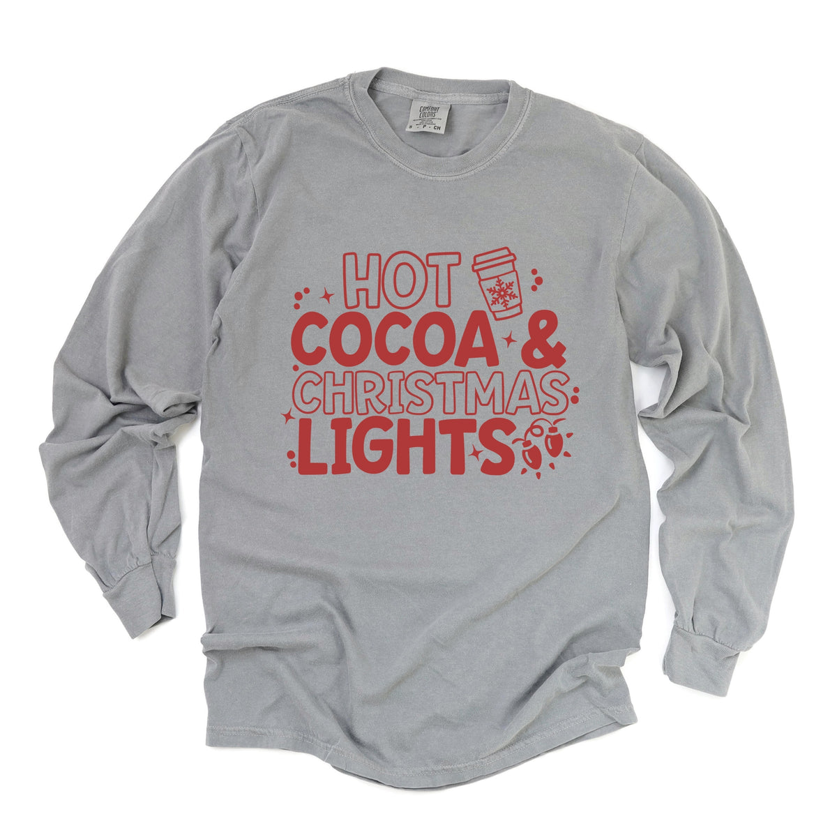 Hot Cocoa and Christmas Lights - Women's Garment Dyed Long Sleeve Graphic T-Shirt