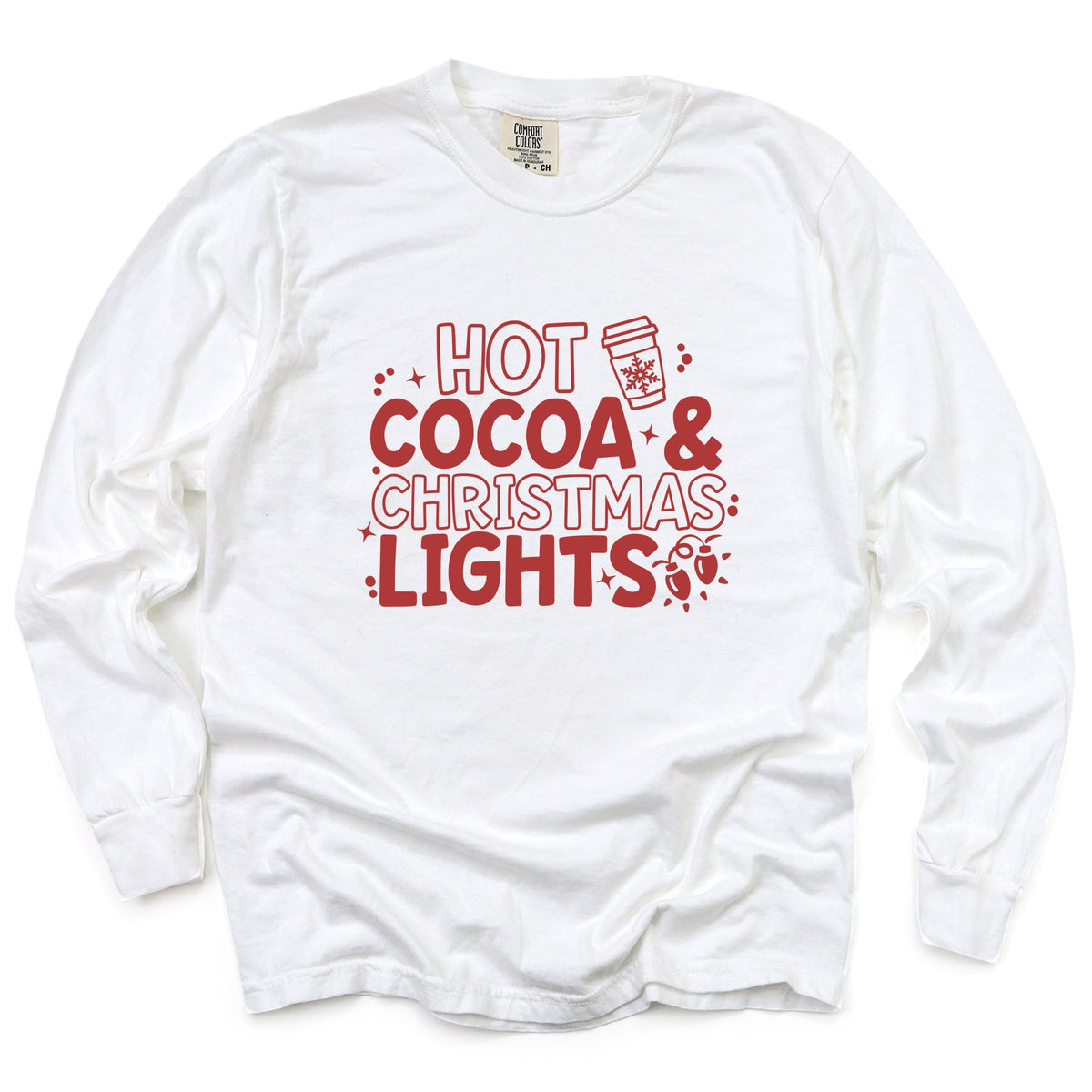 Hot Cocoa and Christmas Lights - Women's Garment Dyed Long Sleeve Graphic T-Shirt