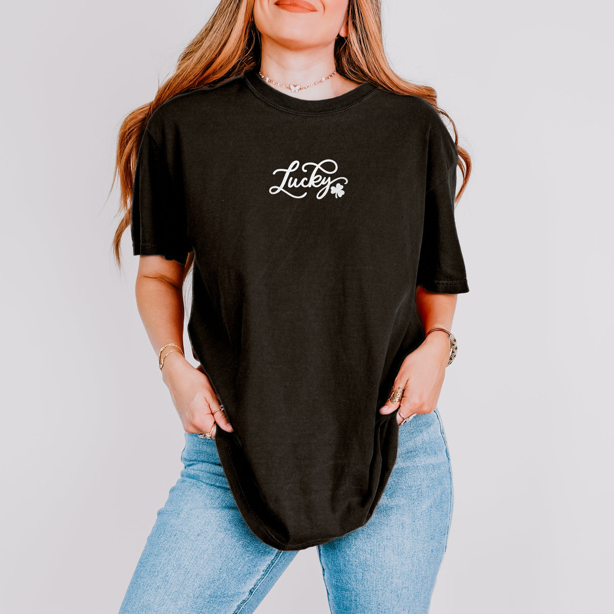 Cursive Lucky Clover Glitter - Women's Garment Dyed Graphic T-Shirt