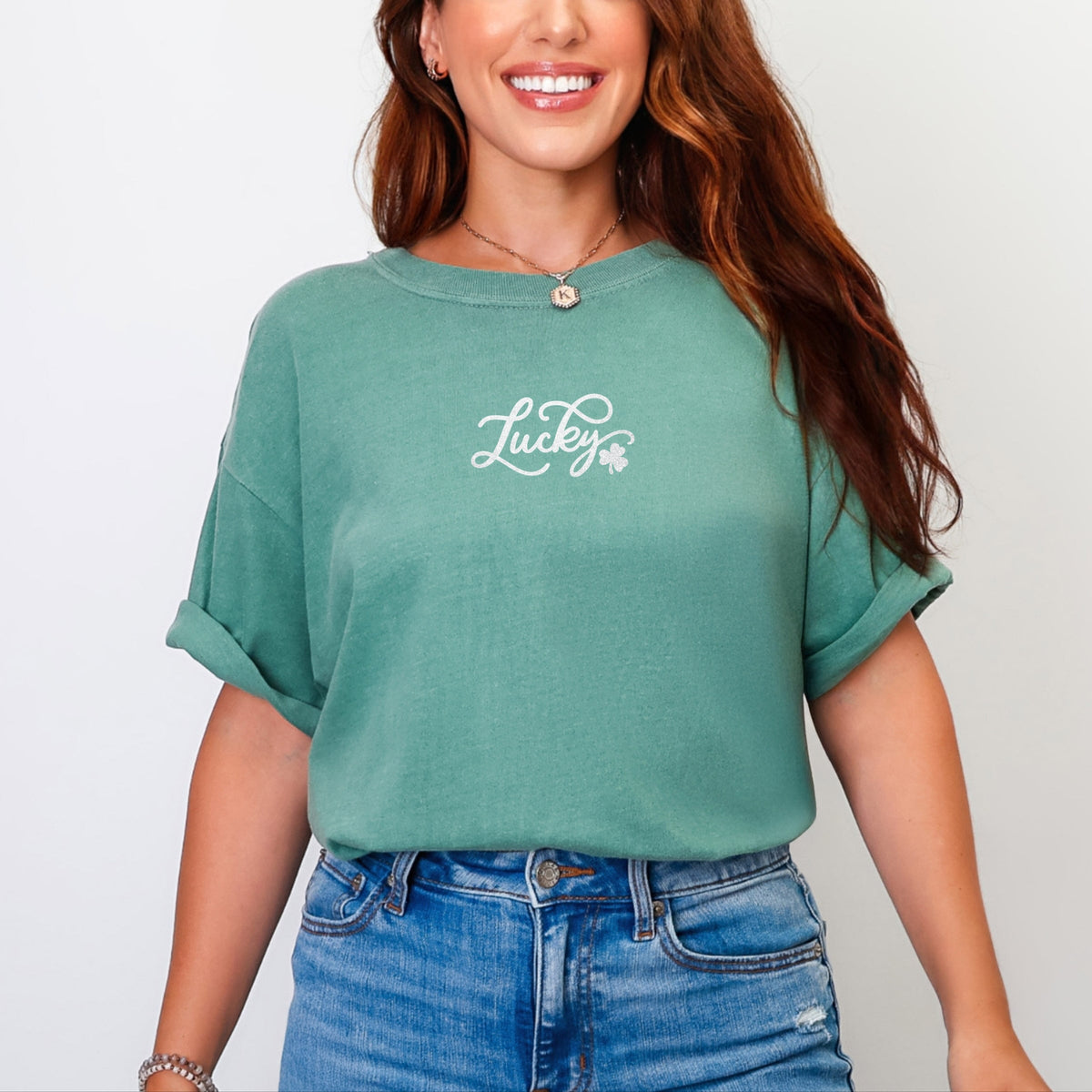 Cursive Lucky Clover Glitter - Women's Garment Dyed Graphic T-Shirt