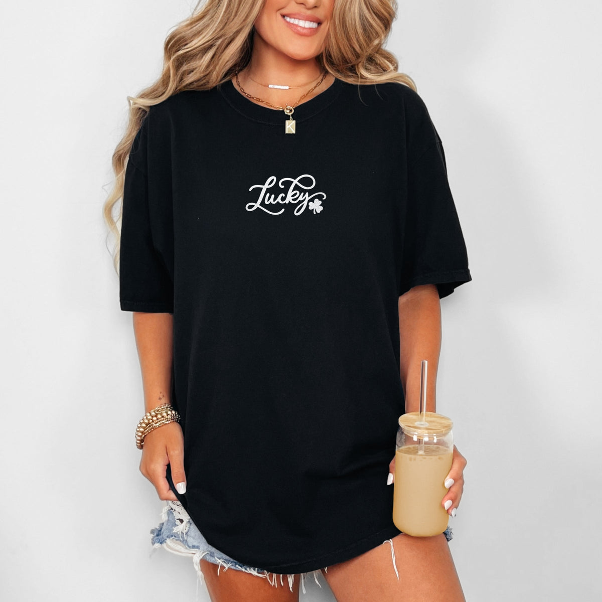Cursive Lucky Clover Glitter - Women's Garment Dyed Graphic T-Shirt