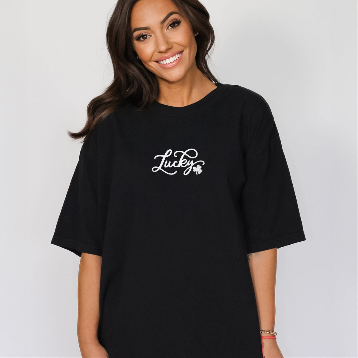 Cursive Lucky Clover Glitter - Women's Garment Dyed Graphic T-Shirt