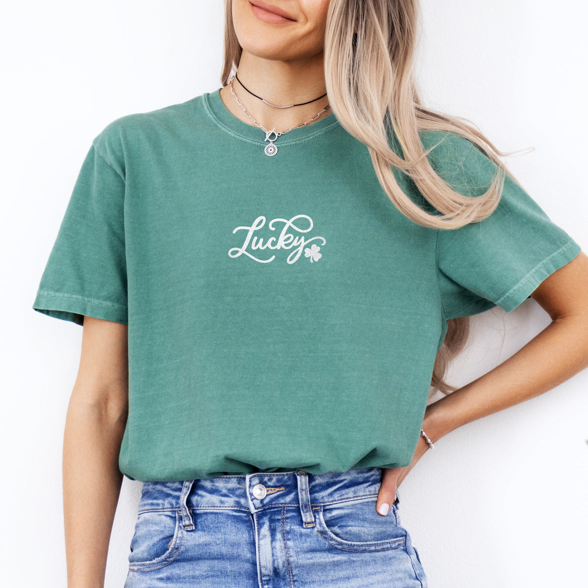 Cursive Lucky Clover Glitter - Women's Garment Dyed Graphic T-Shirt