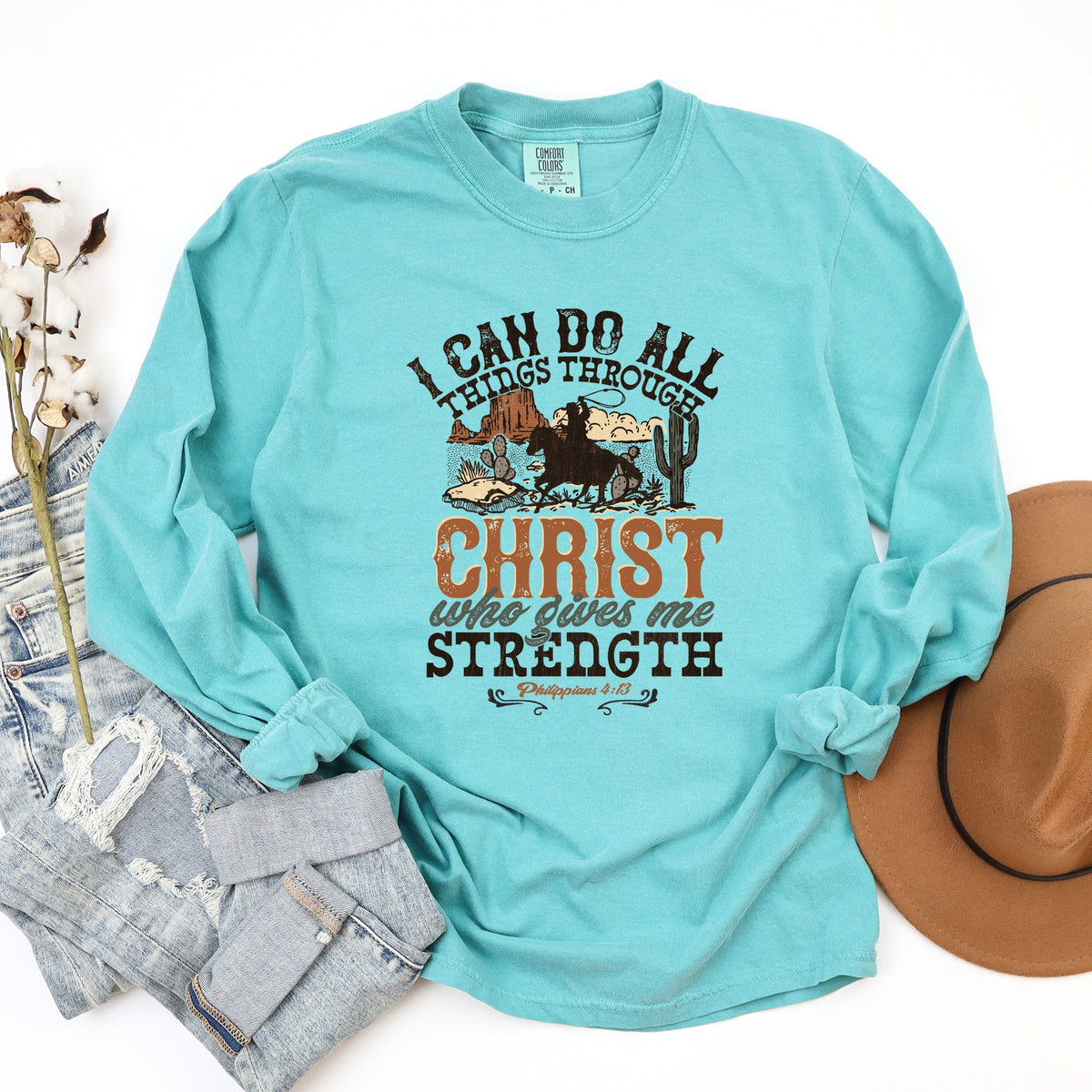 I Can Do All Things Through Christ Cowboy - Women's Garment Dyed Long Sleeve Graphic T-Shirt