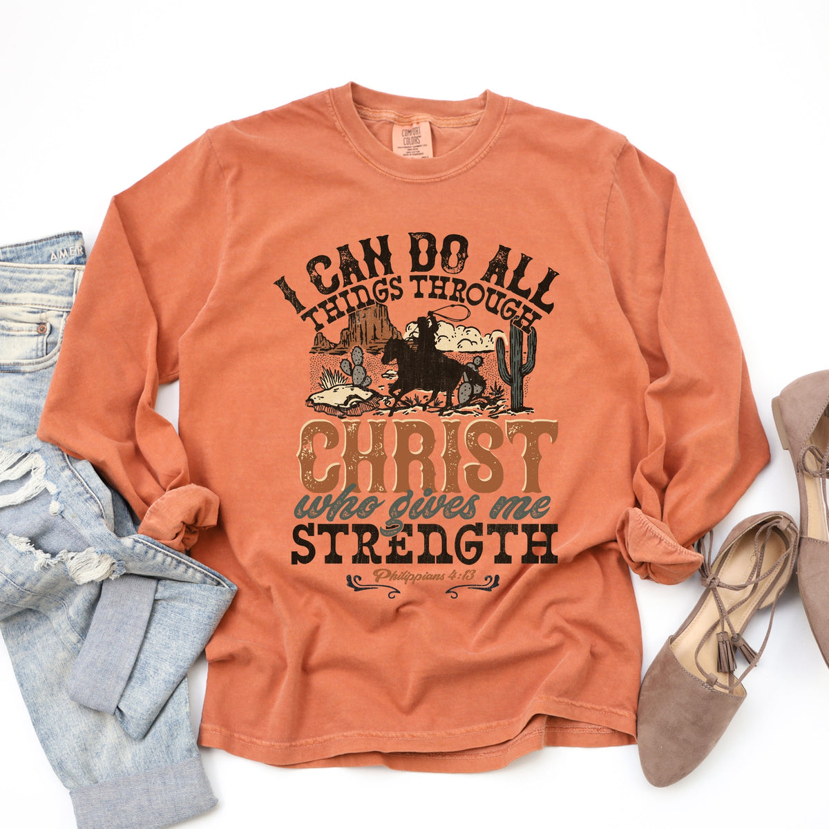I Can Do All Things Through Christ Cowboy - Women's Garment Dyed Long Sleeve Graphic T-Shirt