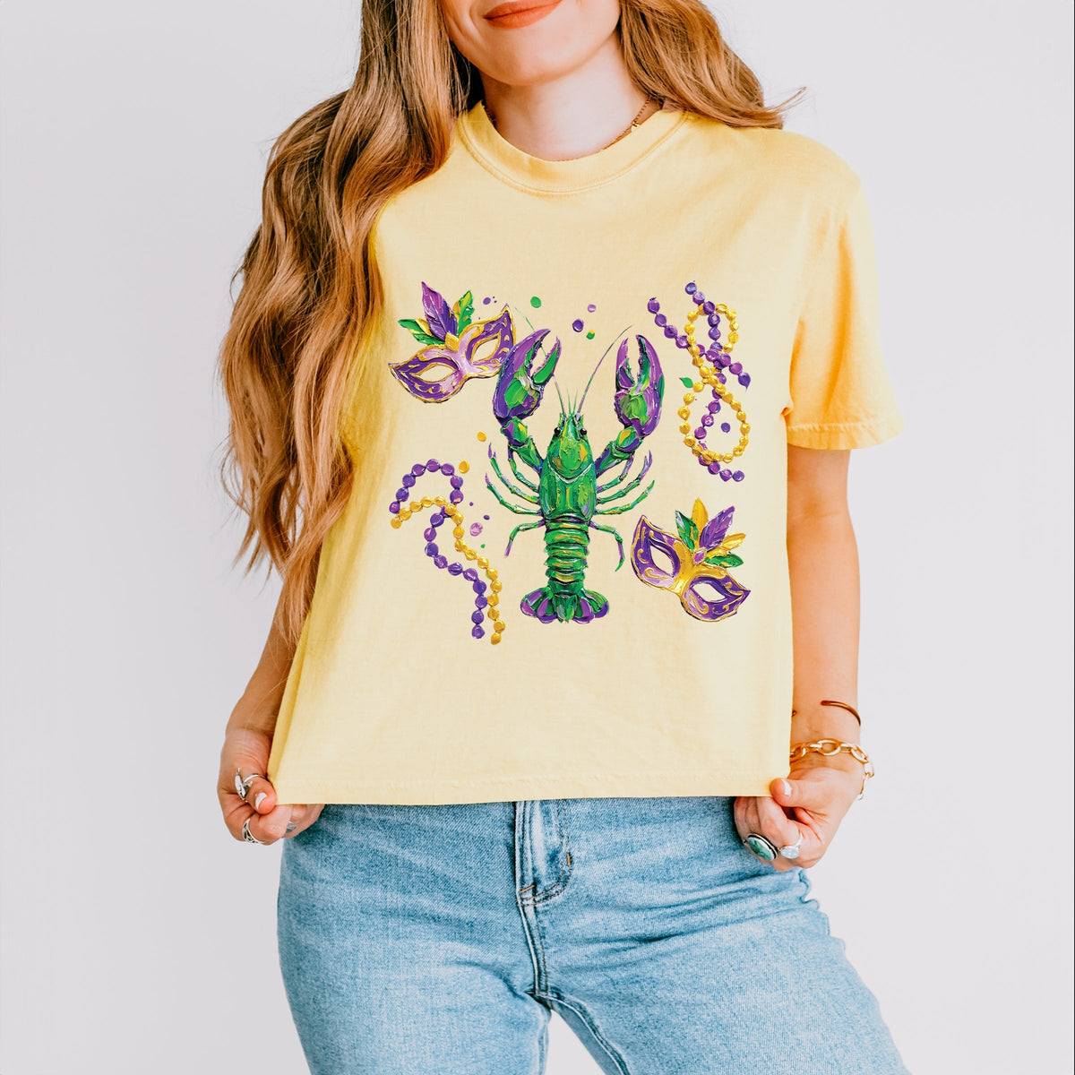 Mardi Gras Lobster Masks - Women's Boxy Crop Top Graphic T-Shirt