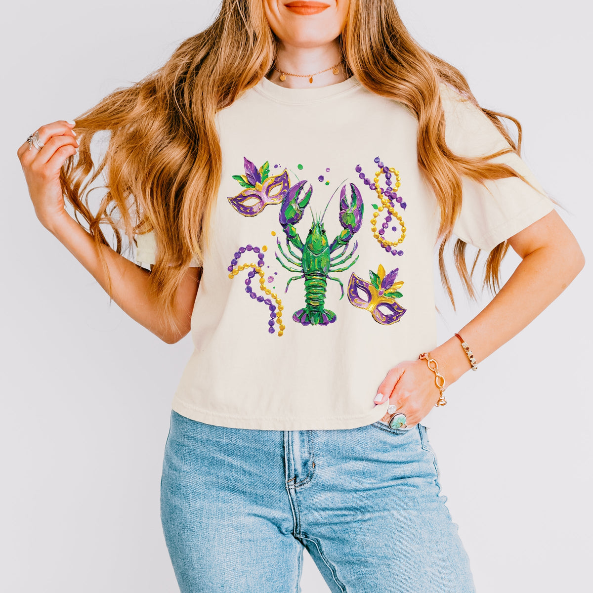 Mardi Gras Lobster Masks - Women's Boxy Crop Top Graphic T-Shirt