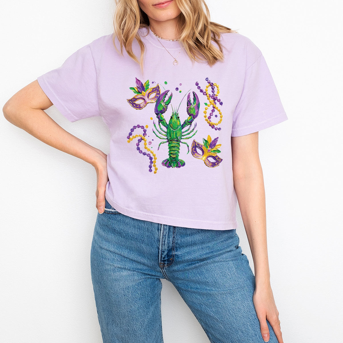 Mardi Gras Lobster Masks - Women's Boxy Crop Top Graphic T-Shirt