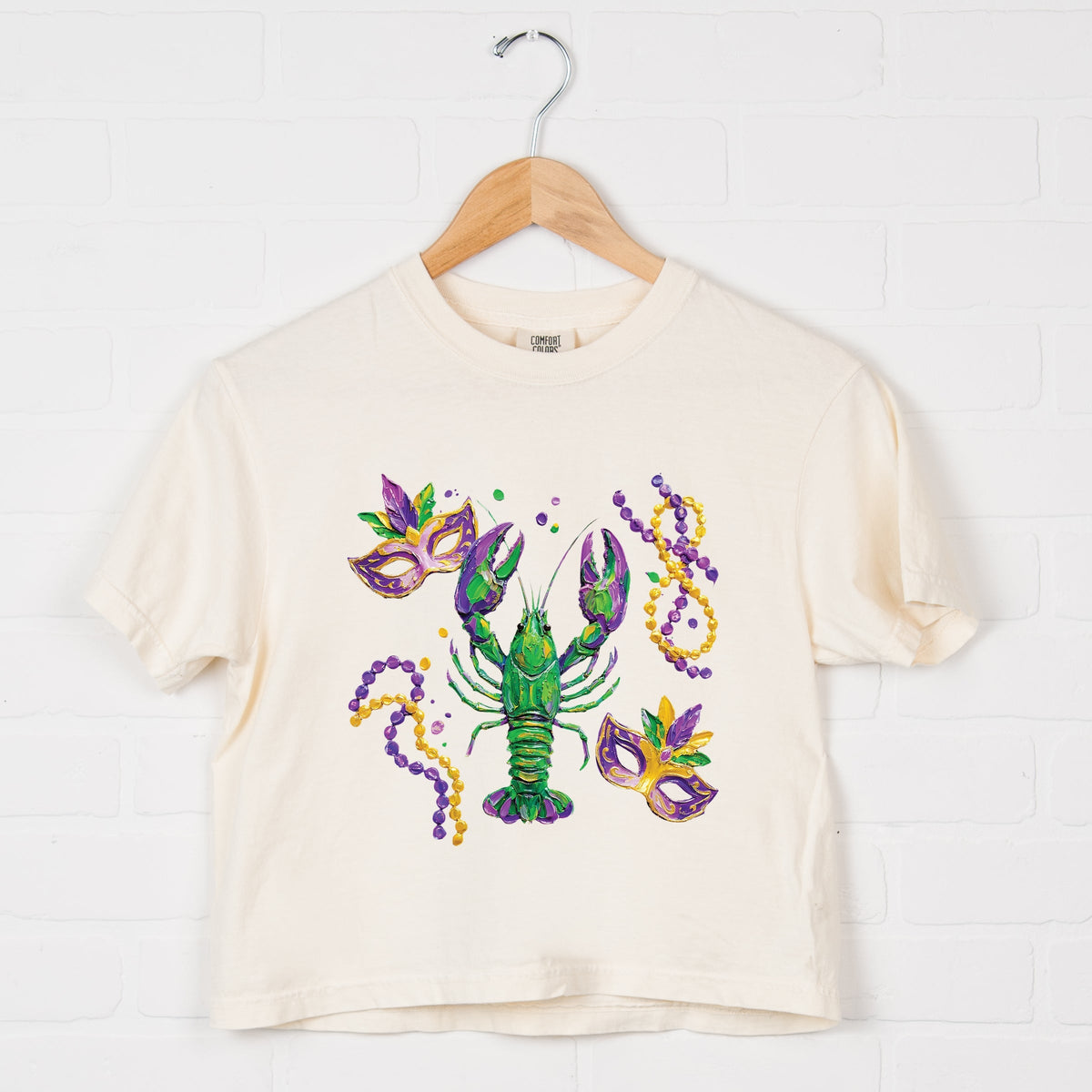 Mardi Gras Lobster Masks - Women's Boxy Crop Top Graphic T-Shirt