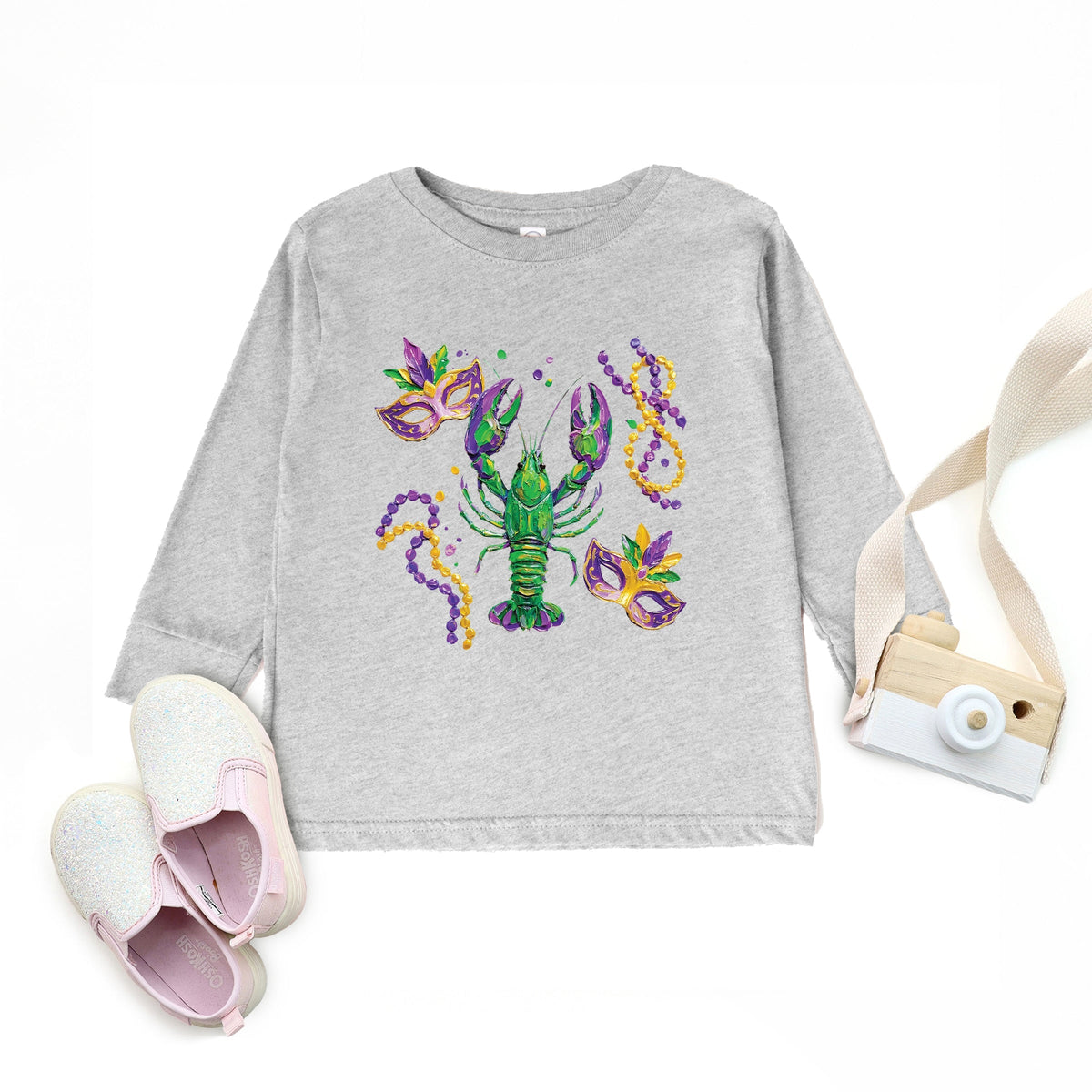 Mardi Gras Lobster Masks - Toddler Long Sleeve Graphic Tee