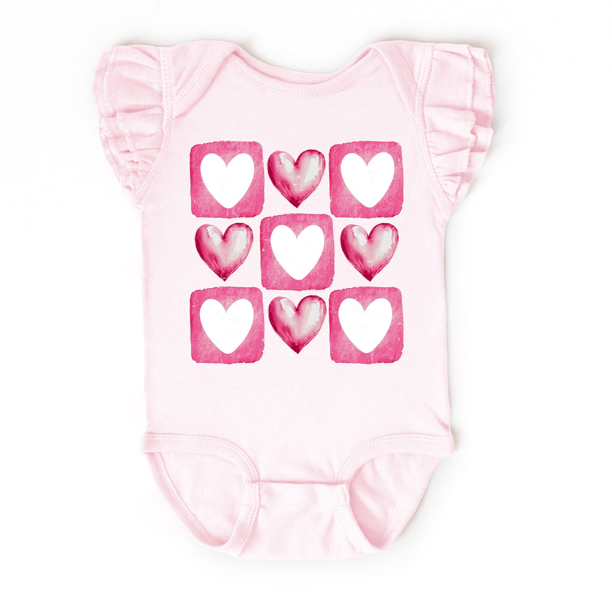 Pink Heart Grid - Baby Flutter Sleeve Bodysuit