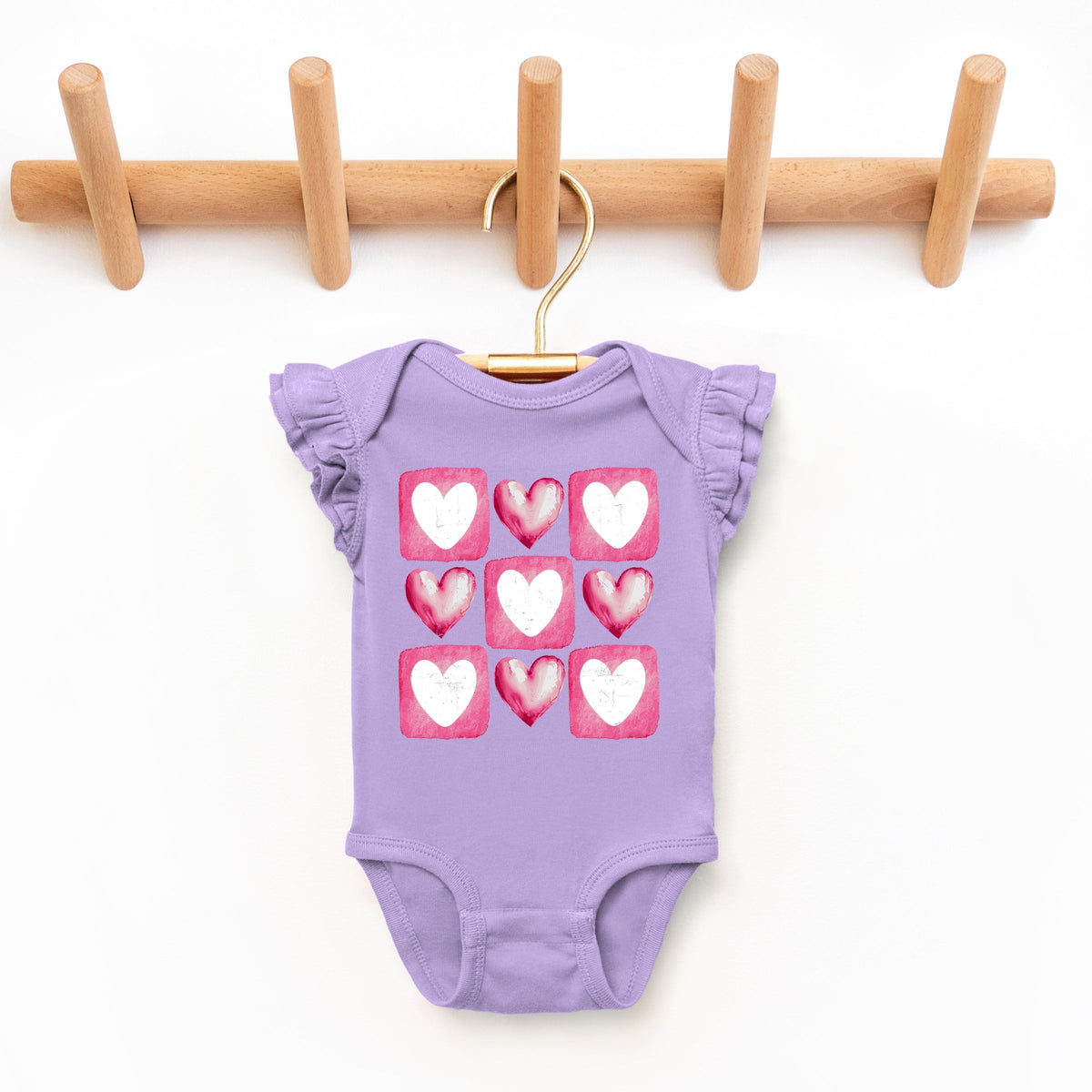 Pink Heart Grid - Baby Flutter Sleeve Bodysuit