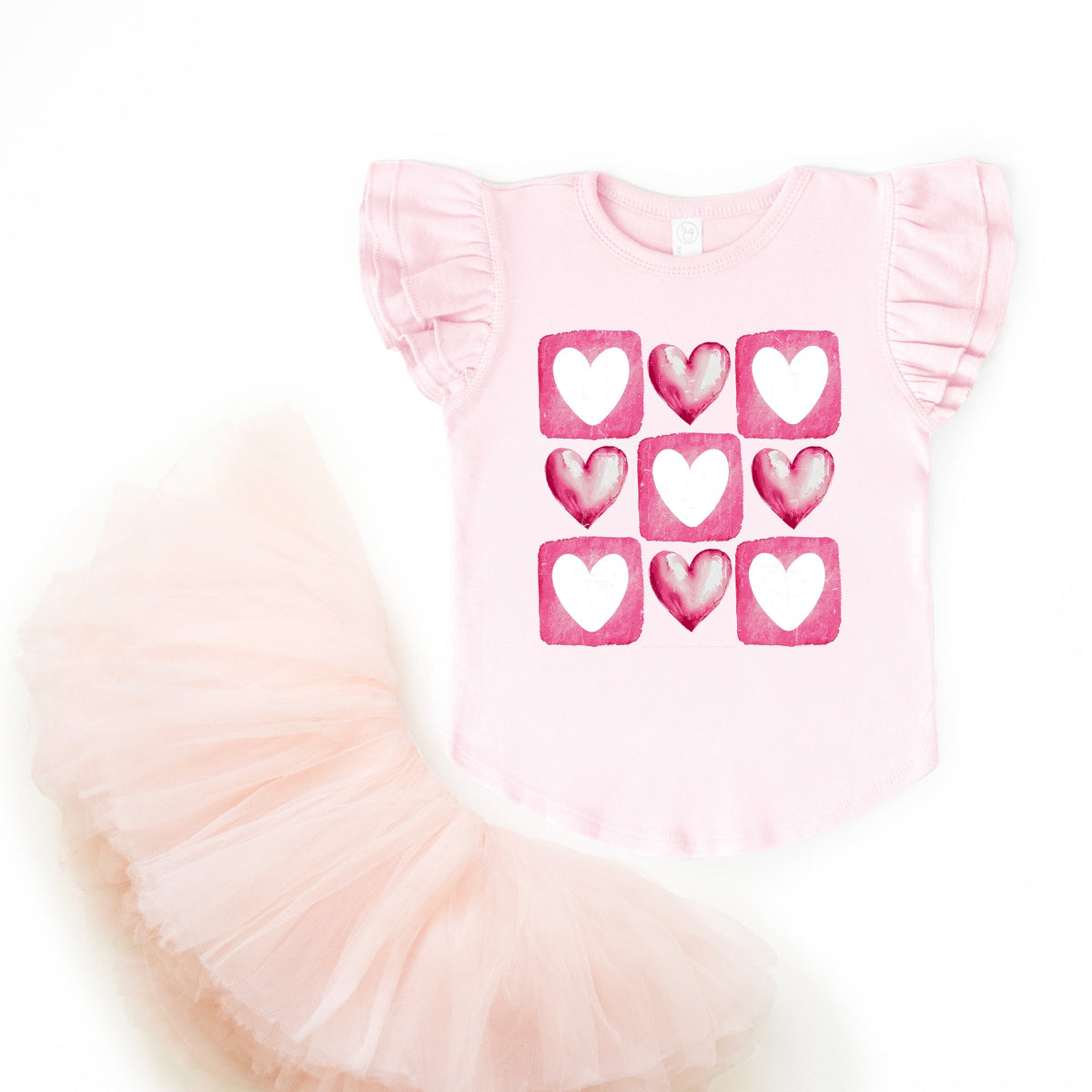Pink Heart Grid - Flutter Sleeve Graphic T-Shirt