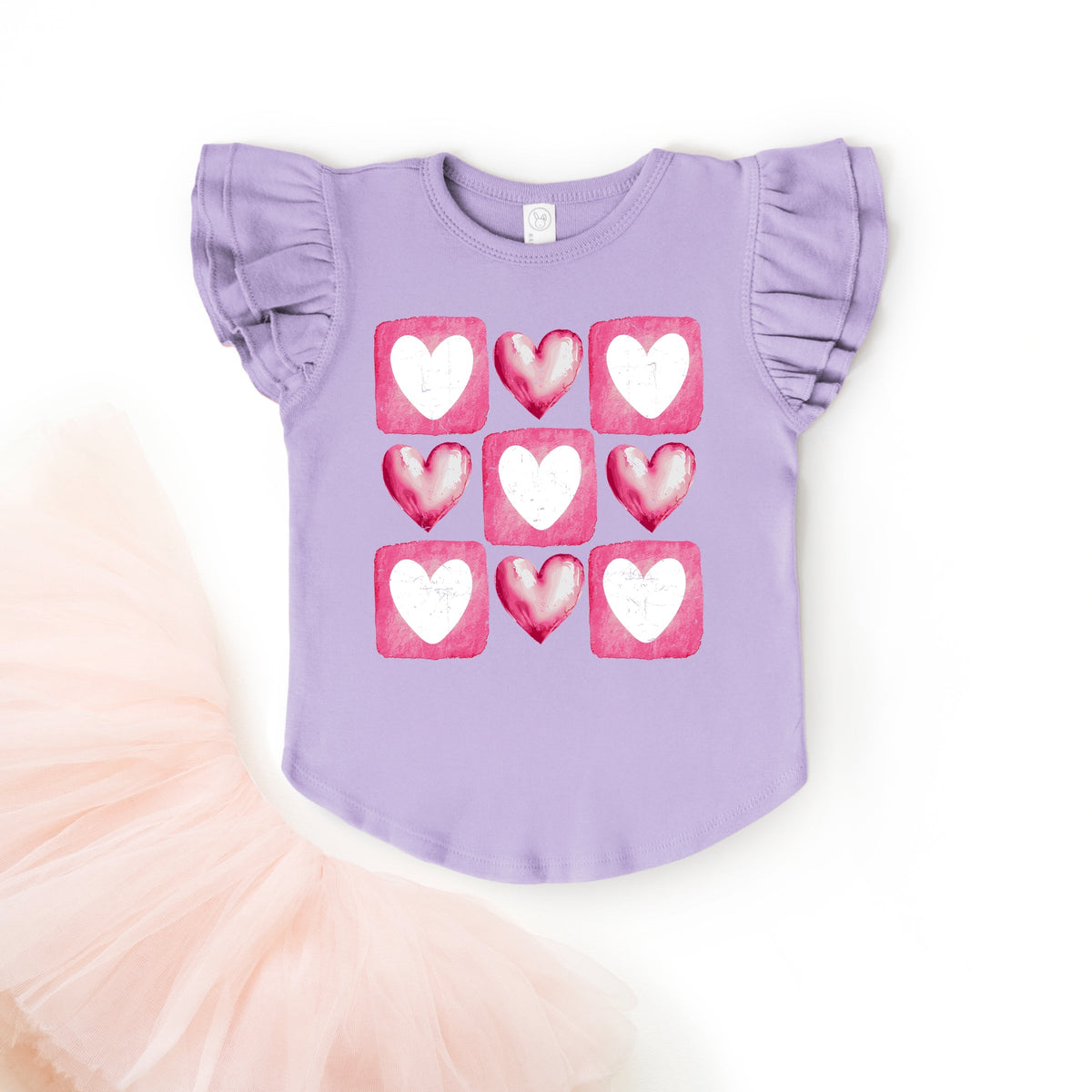 Pink Heart Grid - Flutter Sleeve Graphic T-Shirt