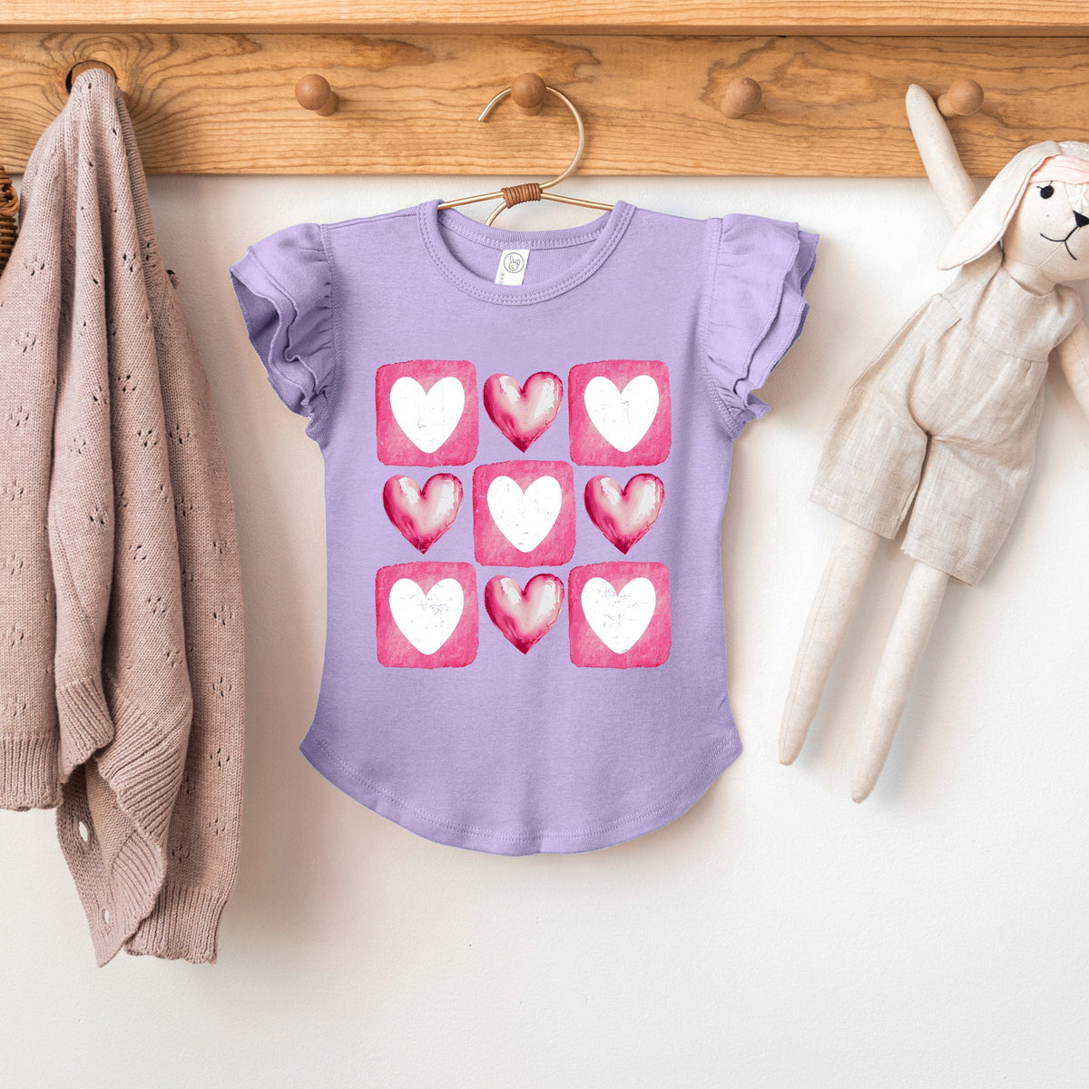 Pink Heart Grid - Flutter Sleeve Graphic T-Shirt