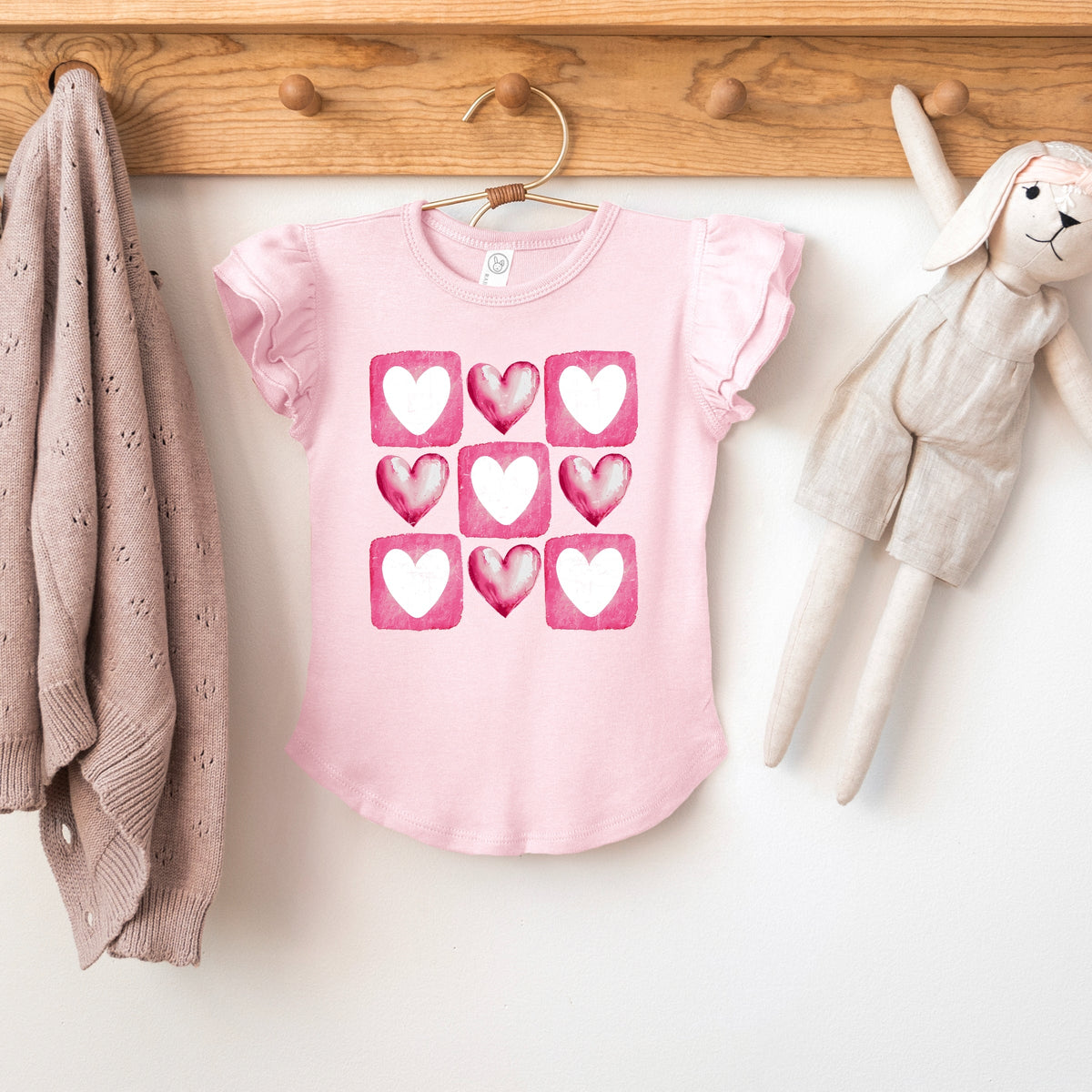 Pink Heart Grid - Flutter Sleeve Graphic T-Shirt
