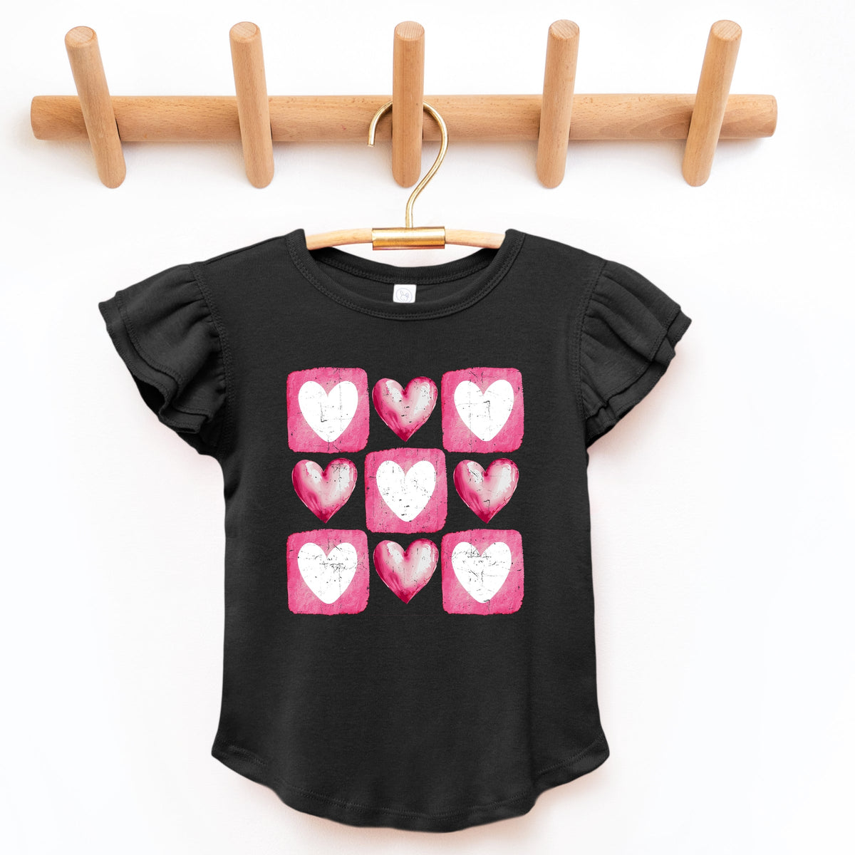 Pink Heart Grid - Flutter Sleeve Graphic T-Shirt