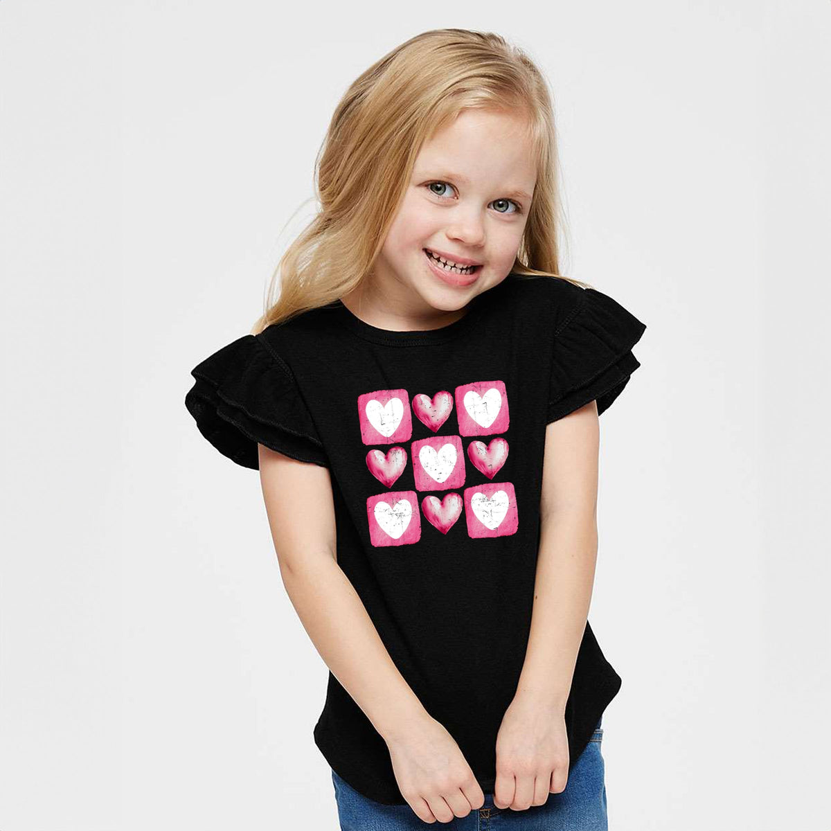 Pink Heart Grid - Flutter Sleeve Graphic T-Shirt