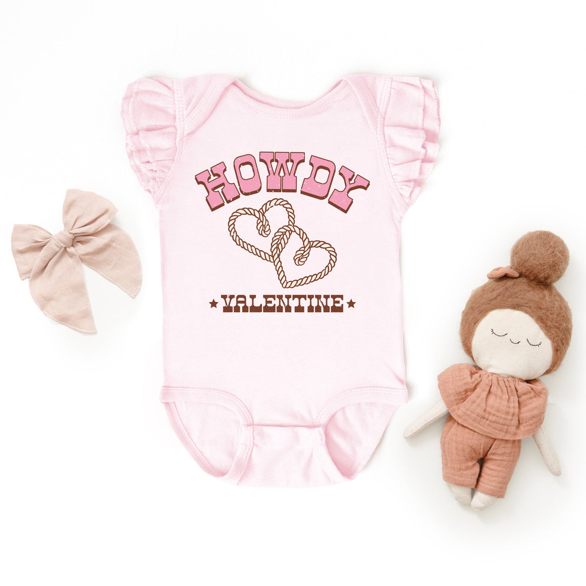 Howdy Valentine Rope Hearts - Baby Flutter Sleeve Bodysuit