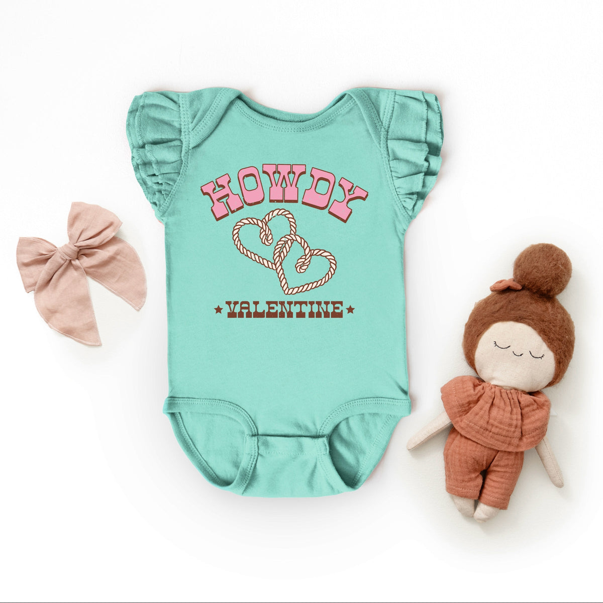 Howdy Valentine Rope Hearts - Baby Flutter Sleeve Bodysuit