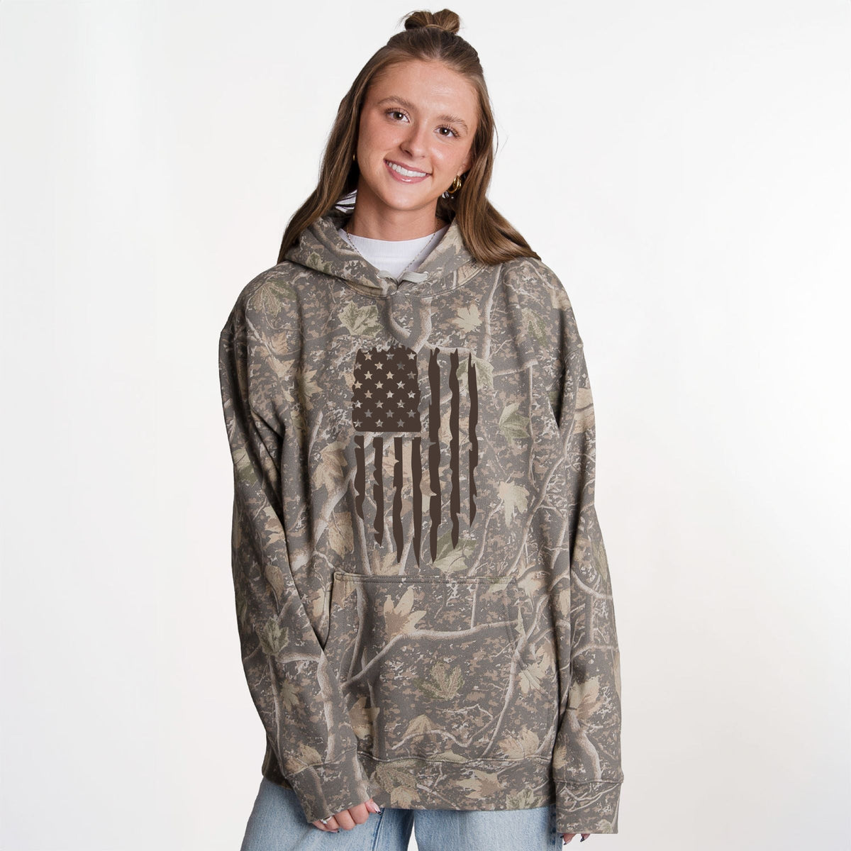 American Flag Distressed - Camo Hoodie