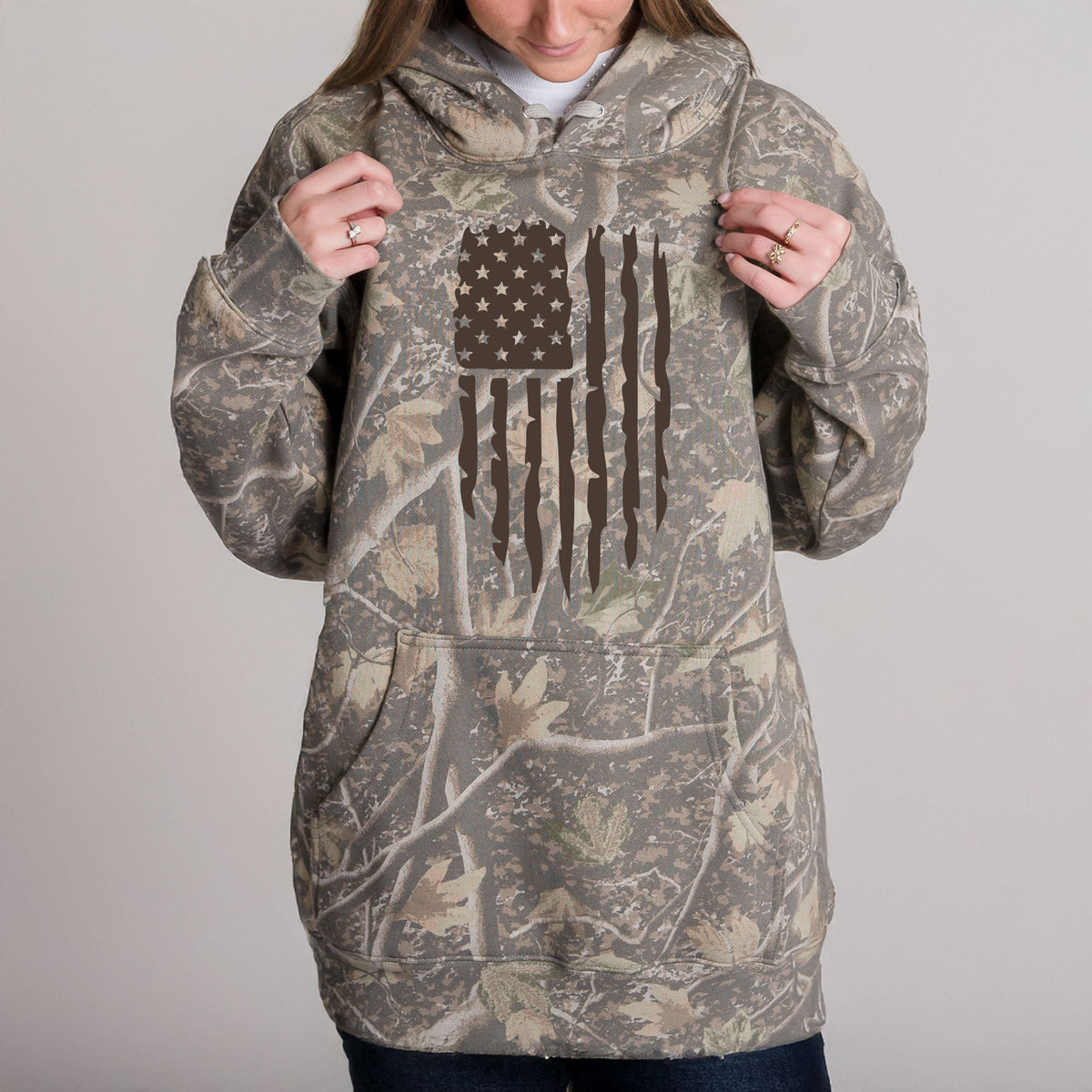 American Flag Distressed - Camo Hoodie