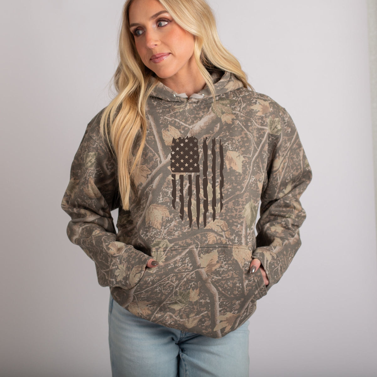 American Flag Distressed - Camo Hoodie