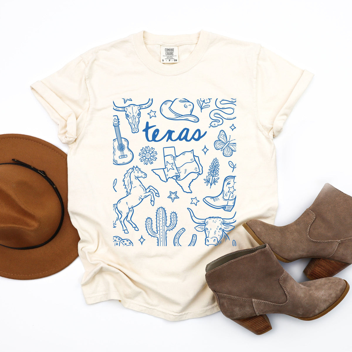 Texas Sketched Collage - Women's Garment Dyed Graphic T-Shirt