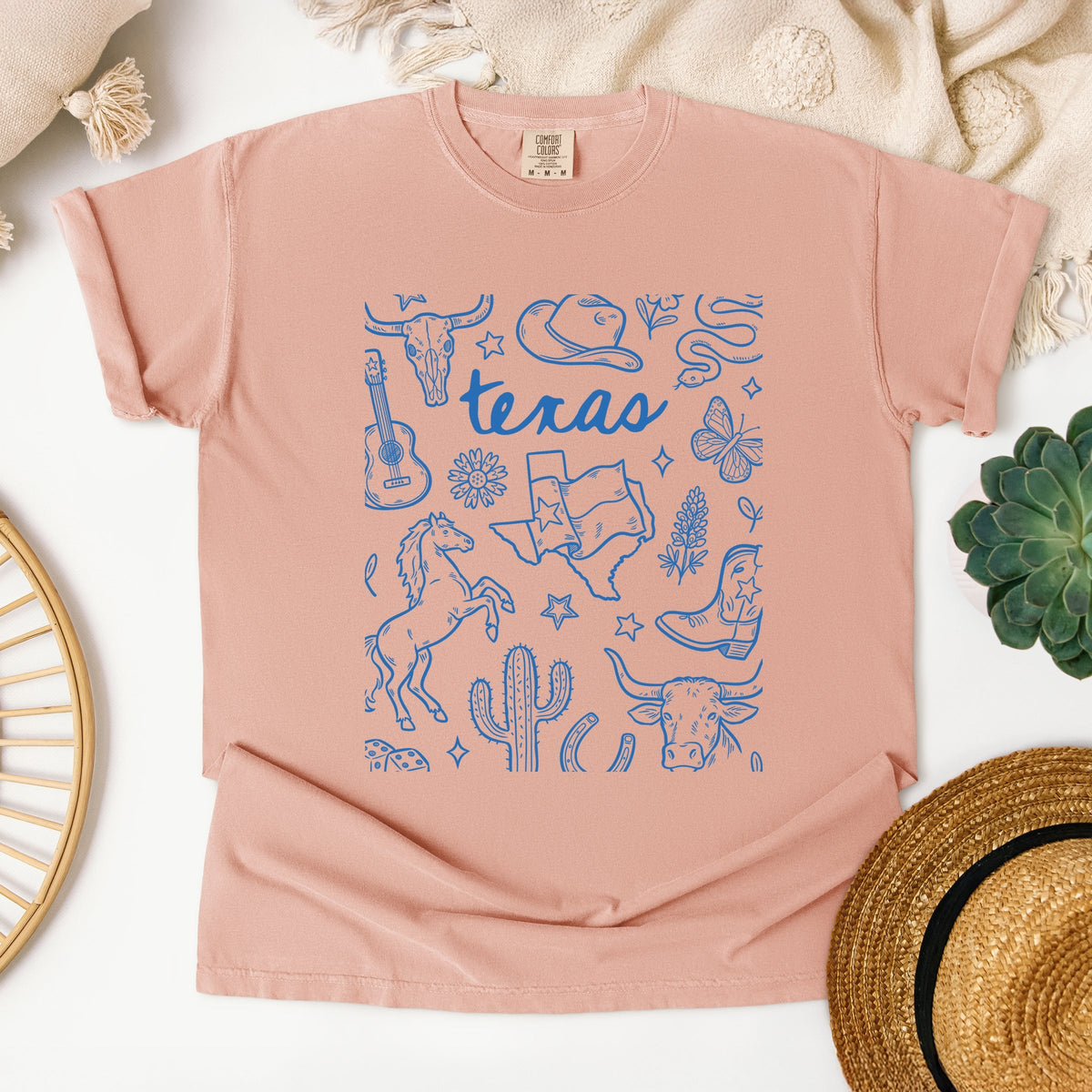 Texas Sketched Collage - Women's Garment Dyed Graphic T-Shirt
