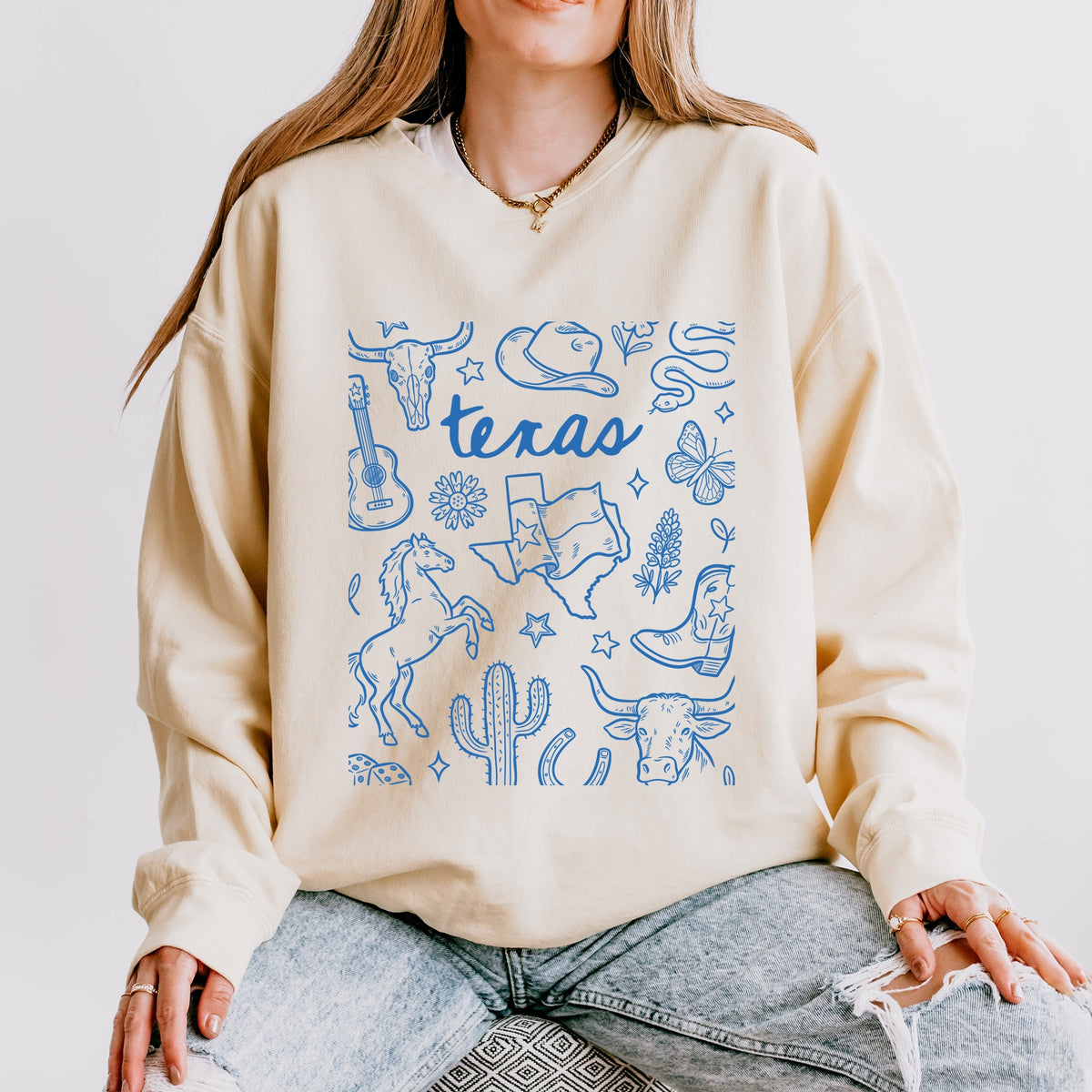 Texas Sketched Collage - Women's Lightweight Garment Dyed Sweatshirt