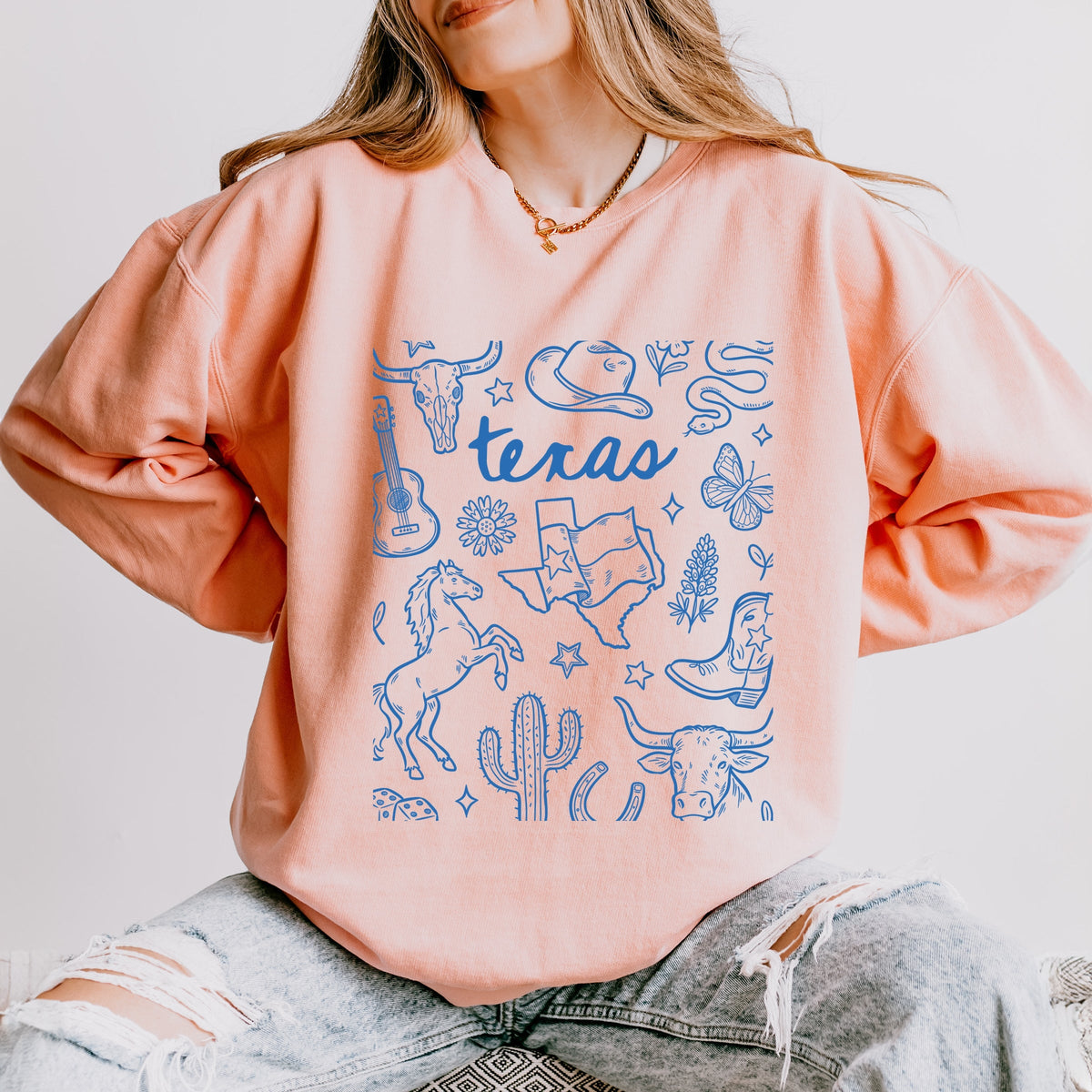 Texas Sketched Collage - Women's Lightweight Garment Dyed Sweatshirt