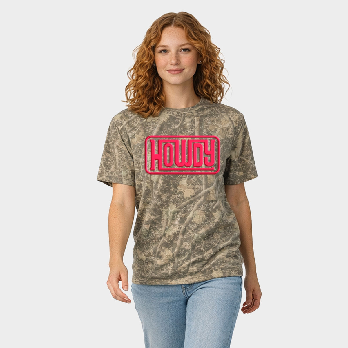 Howdy Square Puff Print - Women's Camo Tee