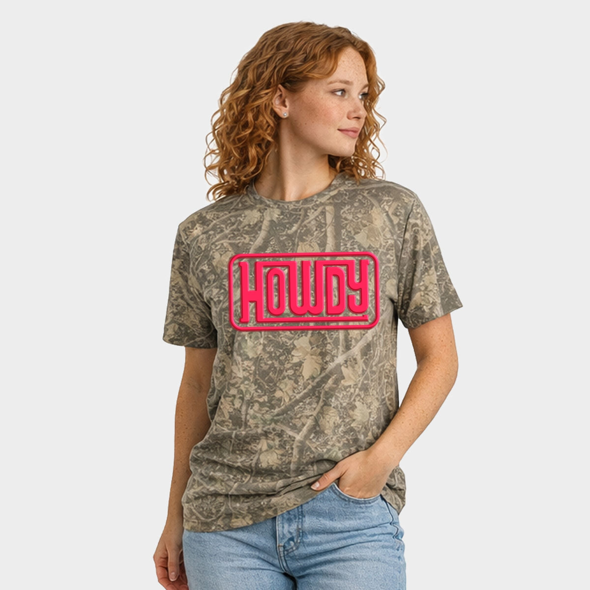 Howdy Square Puff Print - Women's Camo Tee