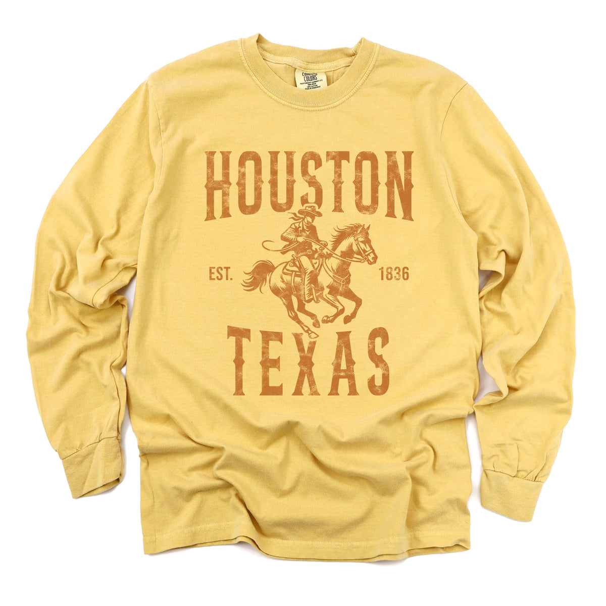 Houston Texas Cowboy Distressed - Women's Garment Dyed Long Sleeve Graphic T-Shirt