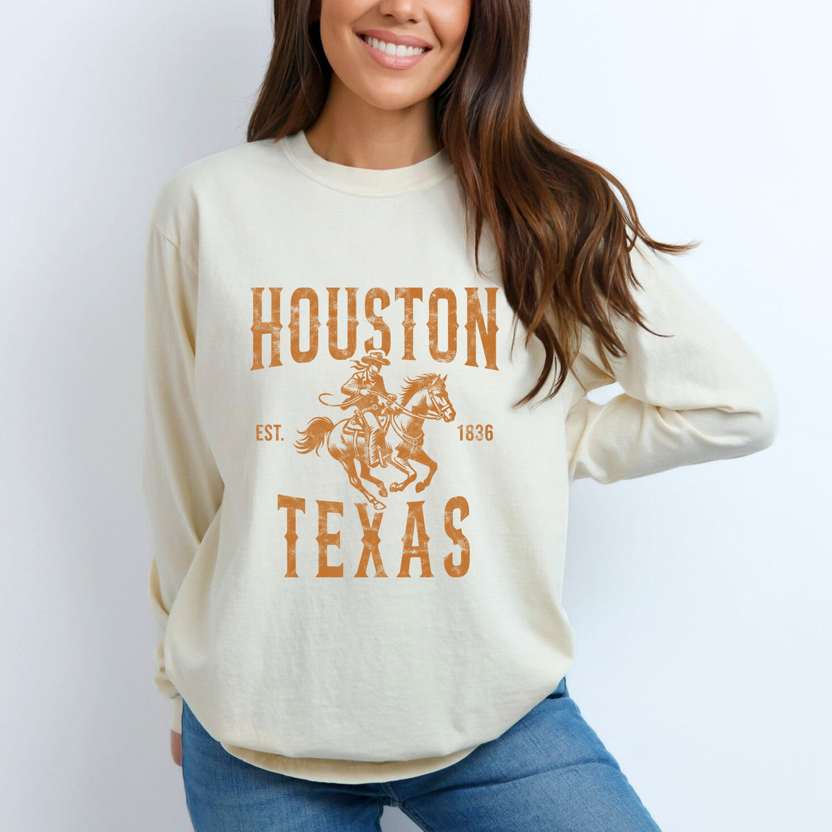 Houston Texas Cowboy Distressed - Women's Garment Dyed Long Sleeve Graphic T-Shirt