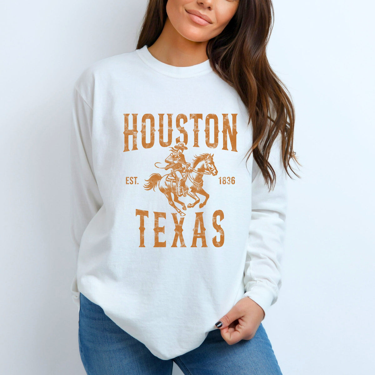 Houston Texas Cowboy Distressed - Women's Garment Dyed Long Sleeve Graphic T-Shirt