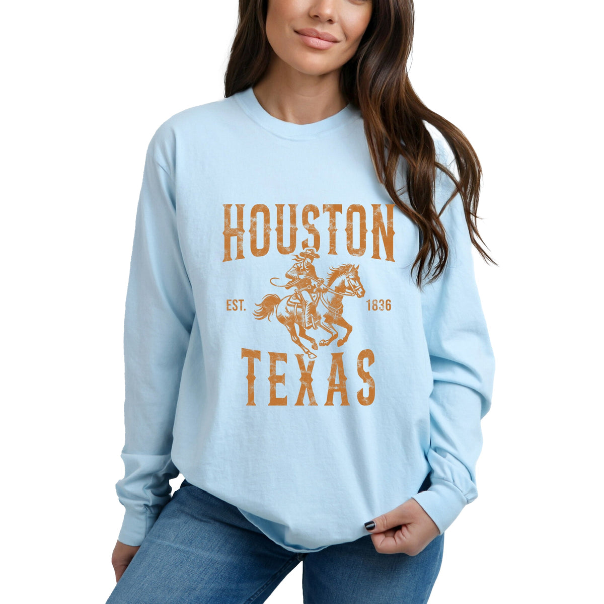 Houston Texas Cowboy Distressed - Women's Garment Dyed Long Sleeve Graphic T-Shirt