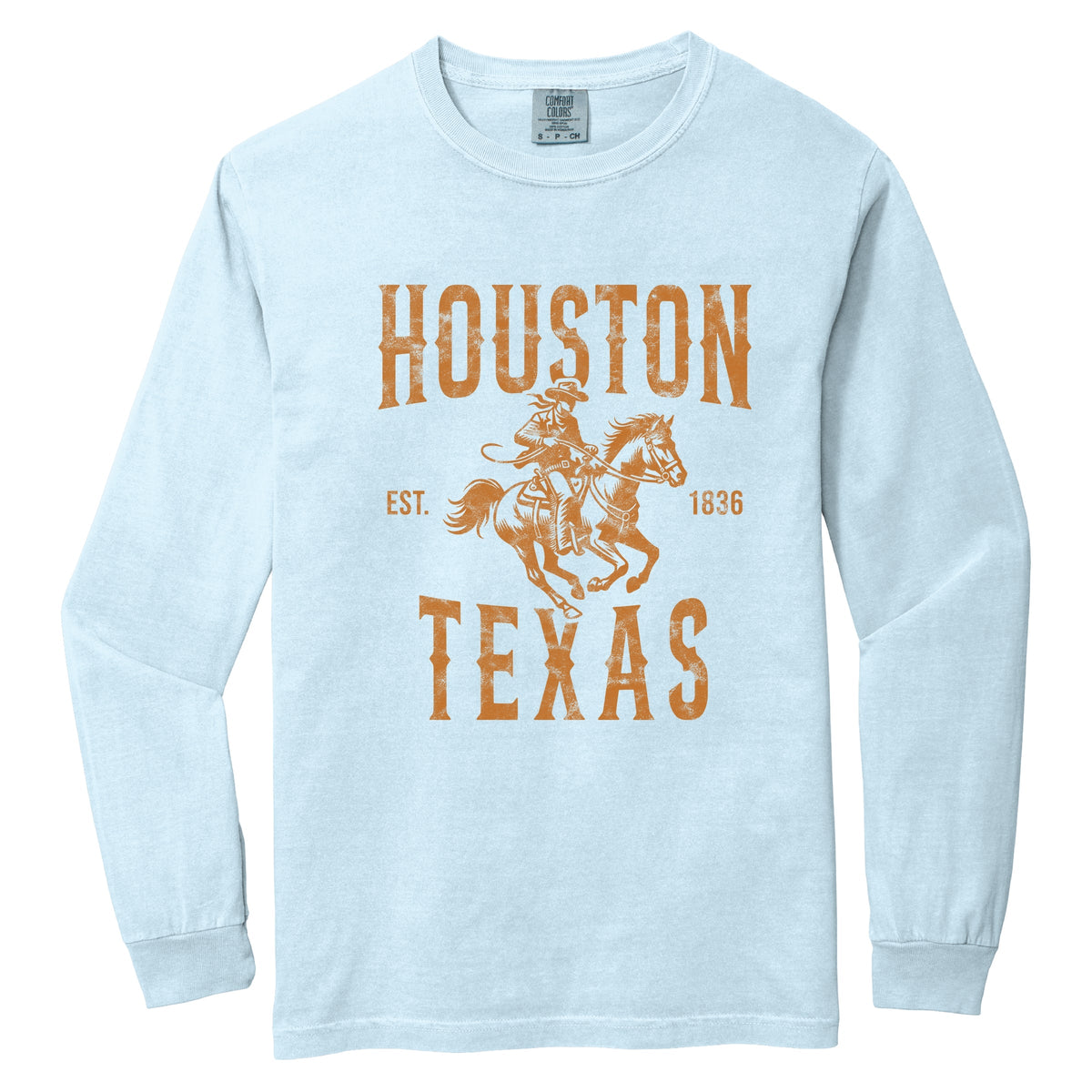 Houston Texas Cowboy Distressed - Women's Garment Dyed Long Sleeve Graphic T-Shirt