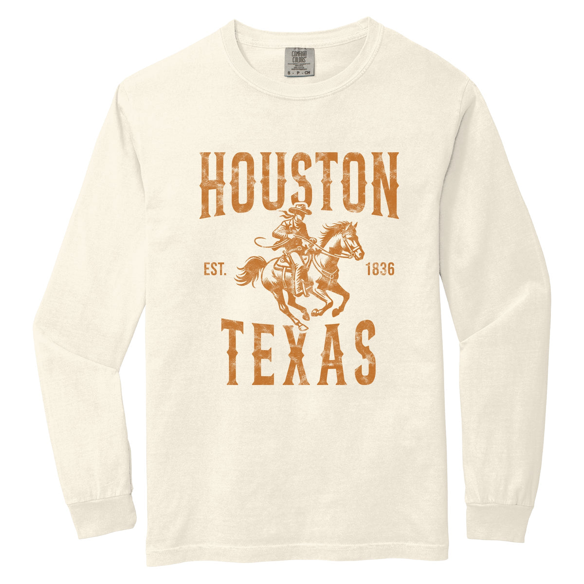 Houston Texas Cowboy Distressed - Women's Garment Dyed Long Sleeve Graphic T-Shirt