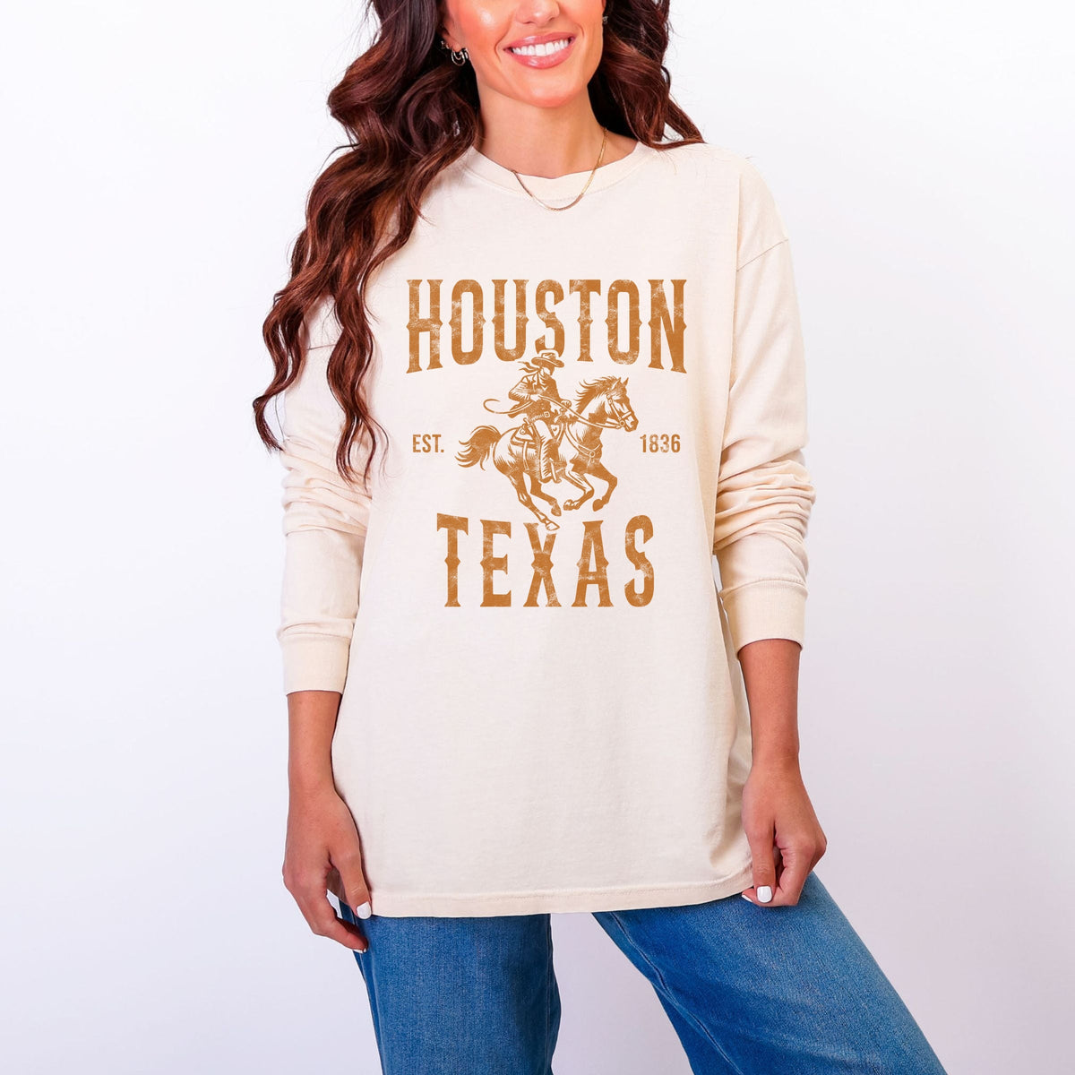 Houston Texas Cowboy Distressed - Women's Garment Dyed Long Sleeve Graphic T-Shirt